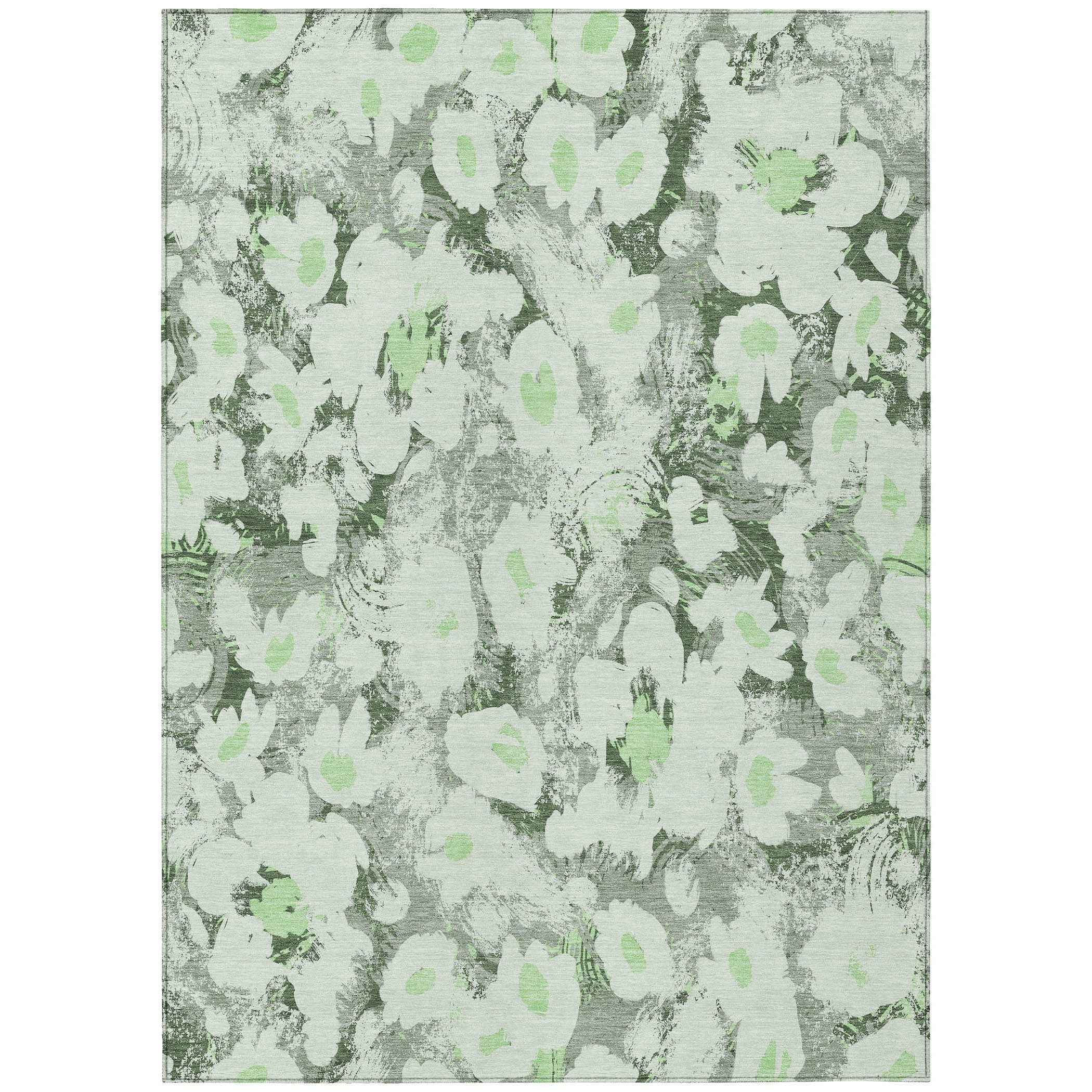 5' X 8' Artichoke Green Floral Washable Non Skid Indoor Outdoor Area Rug