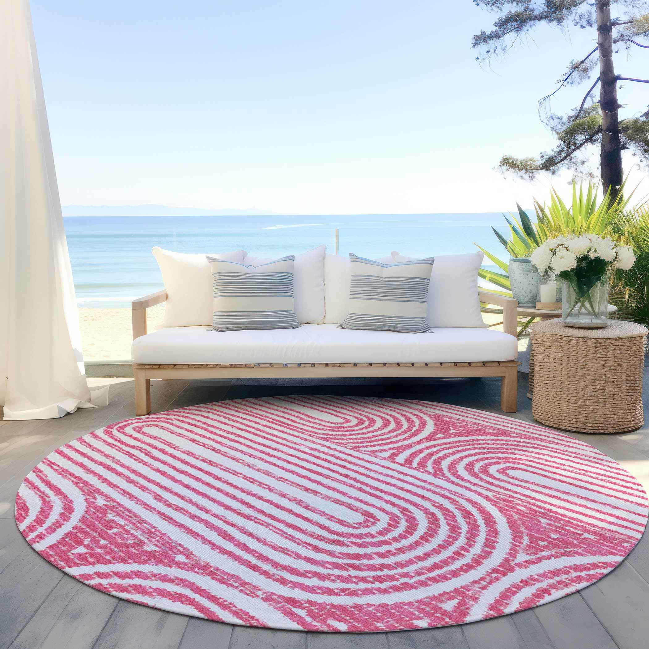 8' Round Blush Round Abstract Washable Non Skid Indoor Outdoor Area Rug