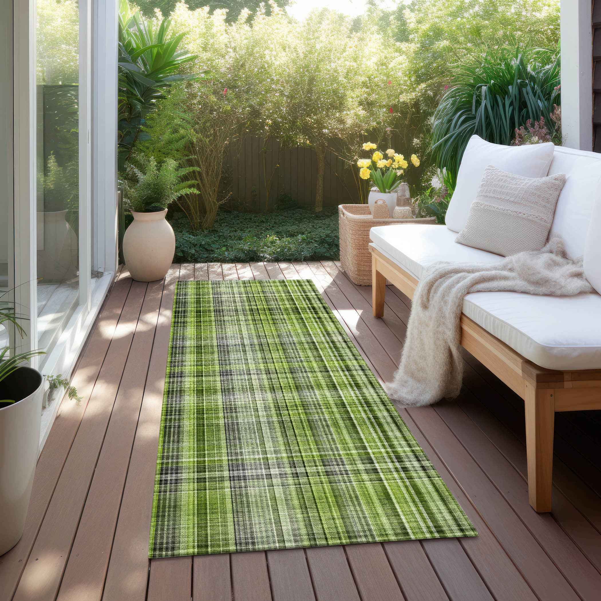 2' X 8' Green Black and Gray Plaid Washable Non Skid Indoor Outdoor Area Rug