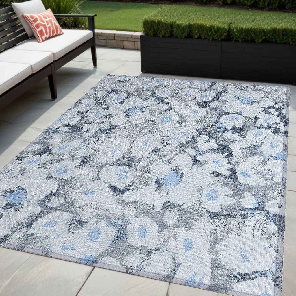 5' X 8' Denim Blue Floral Washable Non Skid Indoor Outdoor Area Rug
