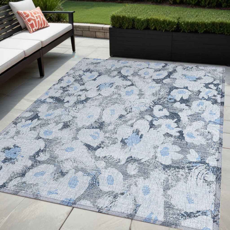 5' X 8' Denim Blue Floral Washable Non Skid Indoor Outdoor Area Rug