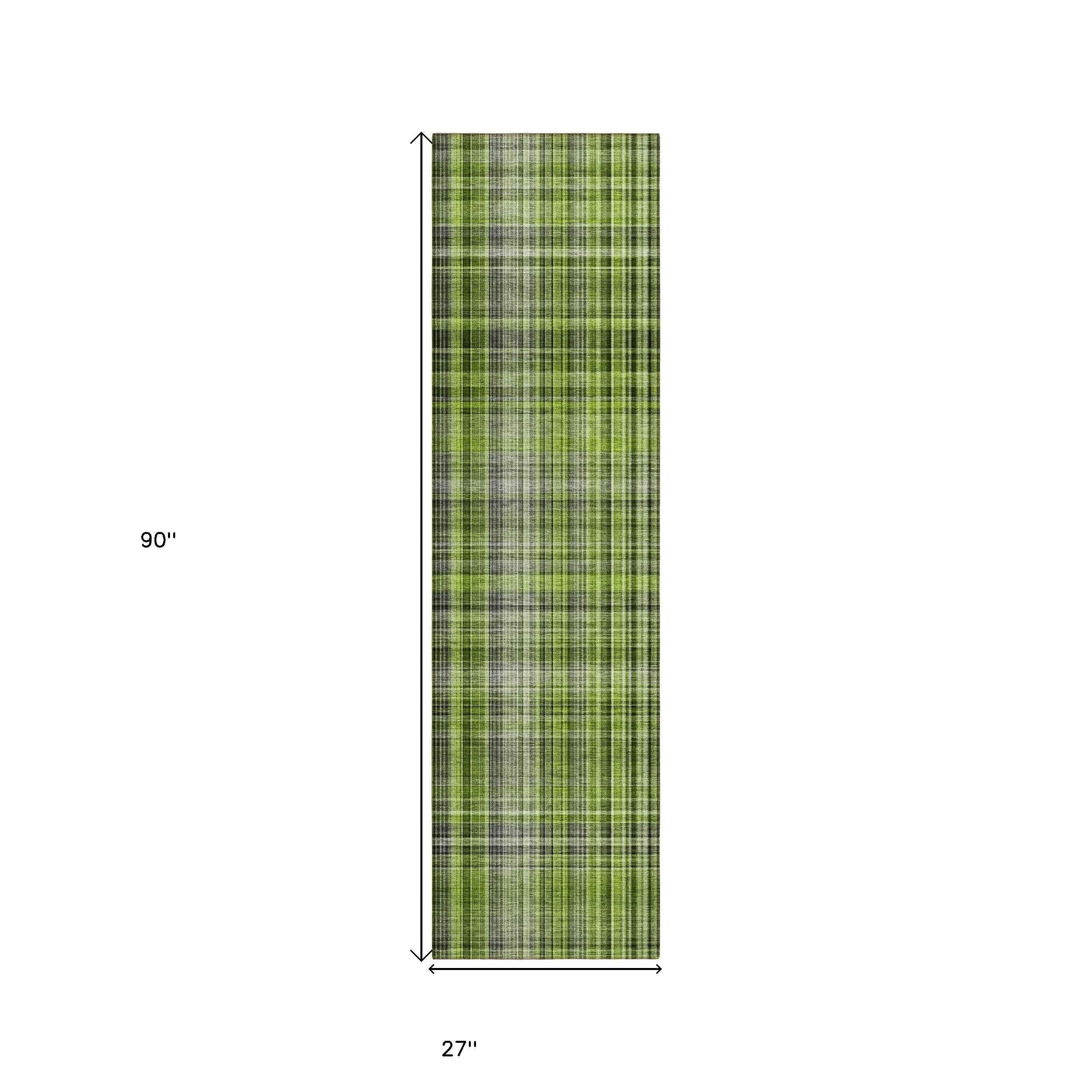 2' X 8' Green Black and Gray Plaid Washable Non Skid Indoor Outdoor Area Rug