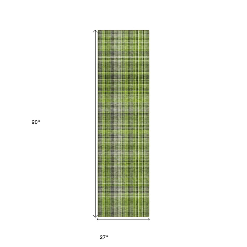 2' X 8' Green Black and Gray Plaid Washable Non Skid Indoor Outdoor Area Rug