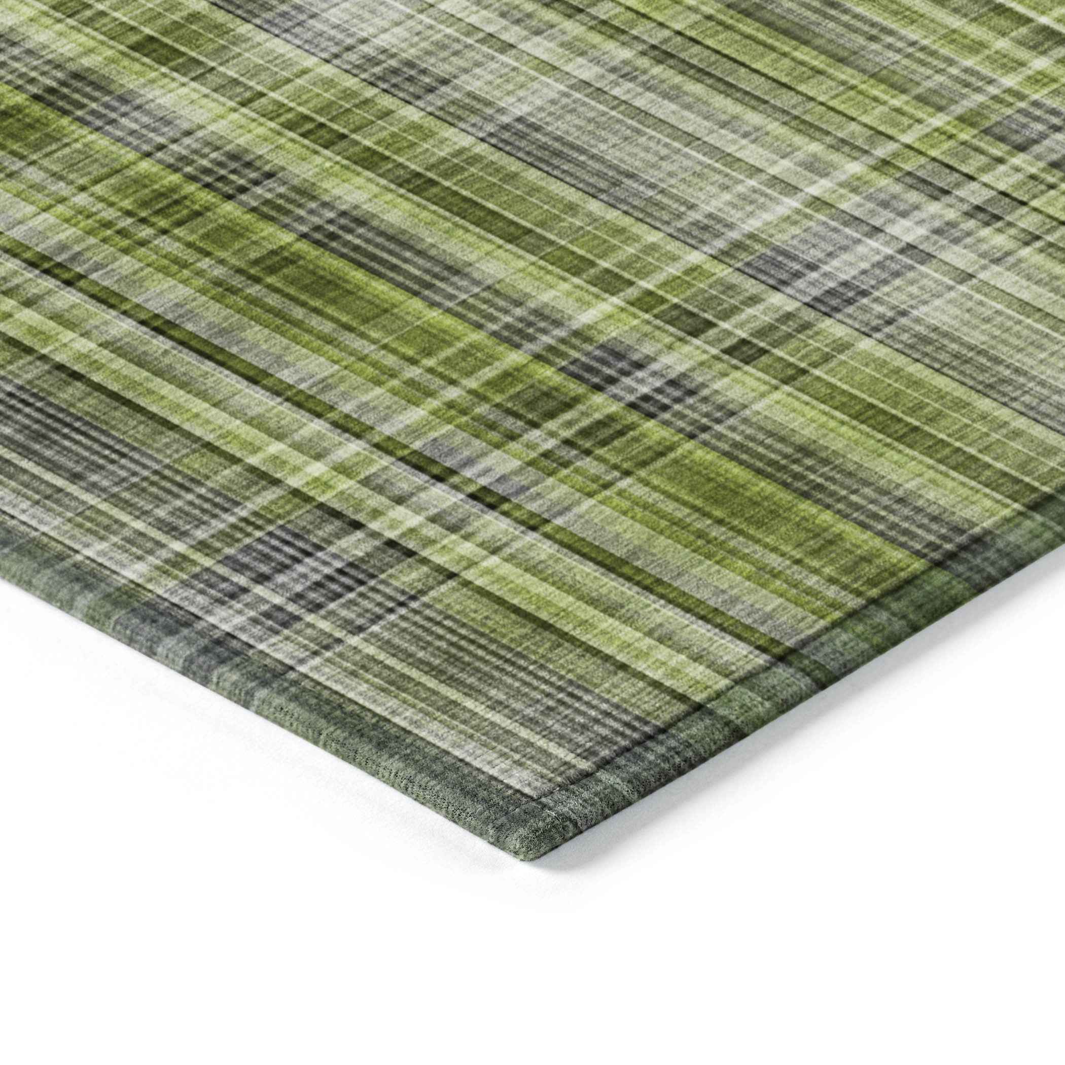 2' X 8' Green Black and Gray Plaid Washable Non Skid Indoor Outdoor Area Rug