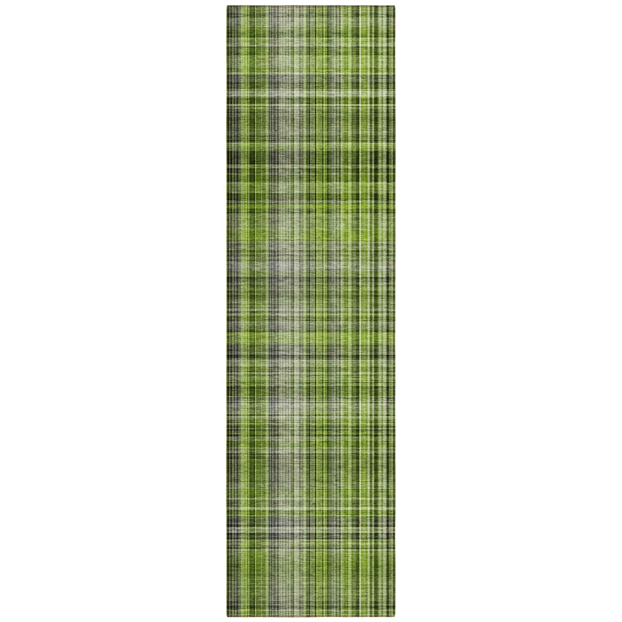2' X 8' Green Black and Gray Plaid Washable Non Skid Indoor Outdoor Area Rug