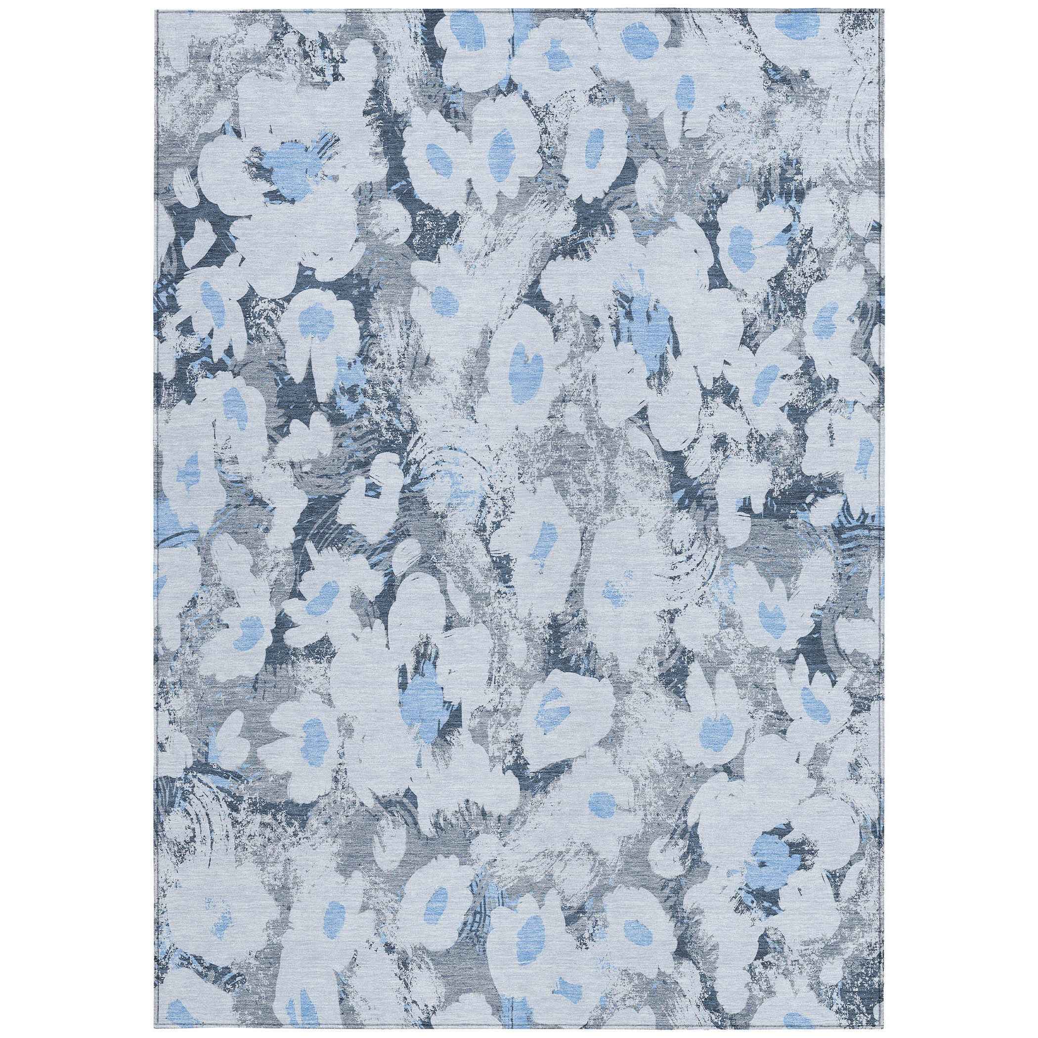 5' X 8' Denim Blue Floral Washable Non Skid Indoor Outdoor Area Rug