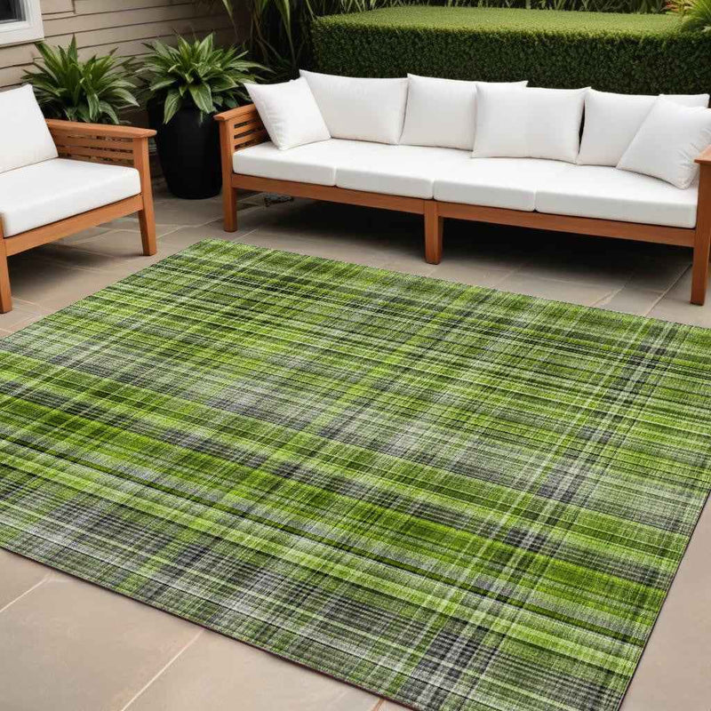 8' X 10' Green Plaid Washable Non Skid Indoor Outdoor Area Rug