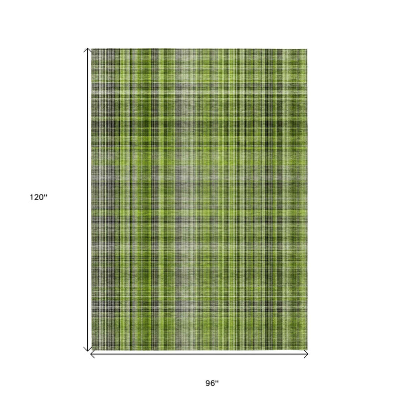 8' X 10' Green Plaid Washable Non Skid Indoor Outdoor Area Rug