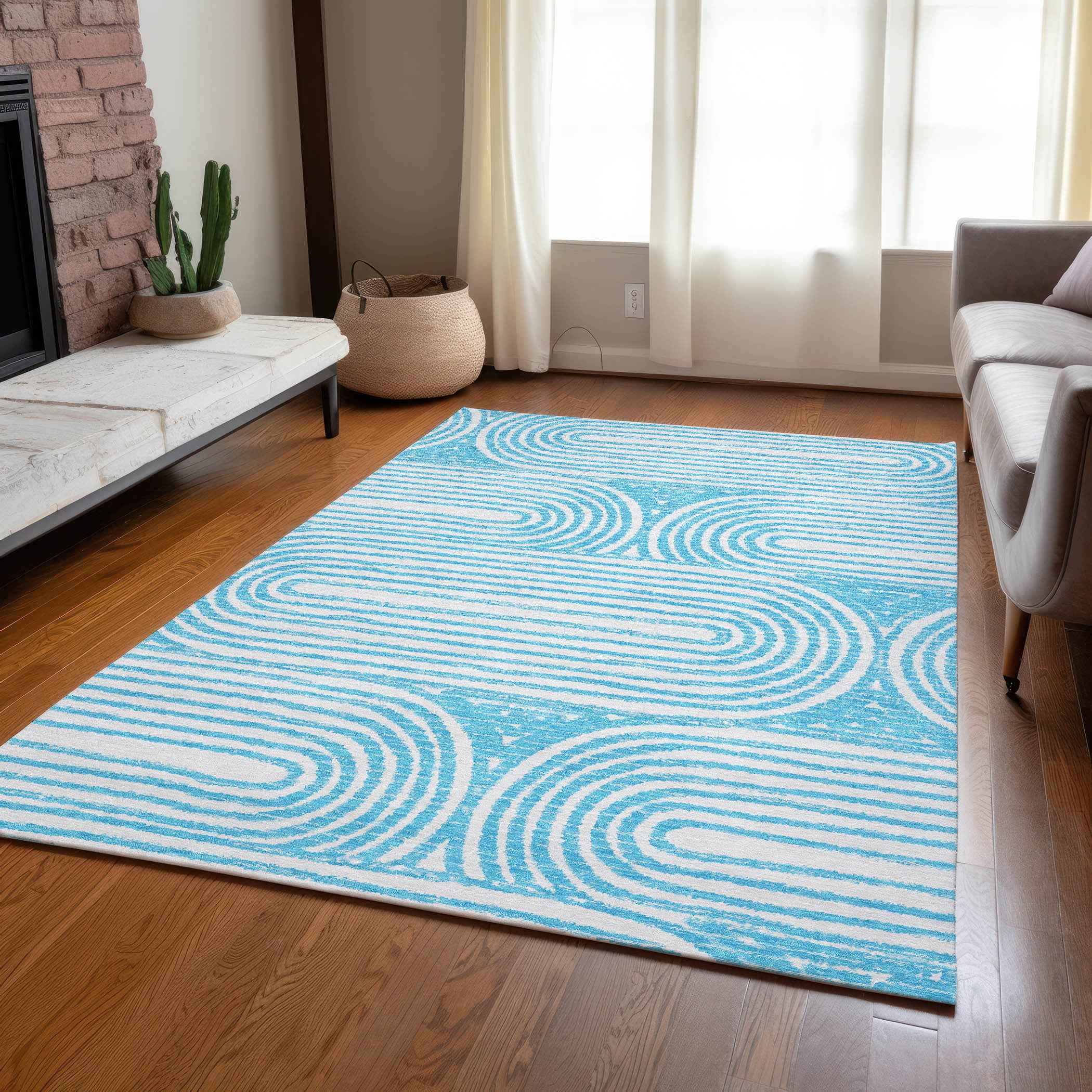 10' X 14' Teal and White Abstract Washable Non Skid Indoor Outdoor Area Rug