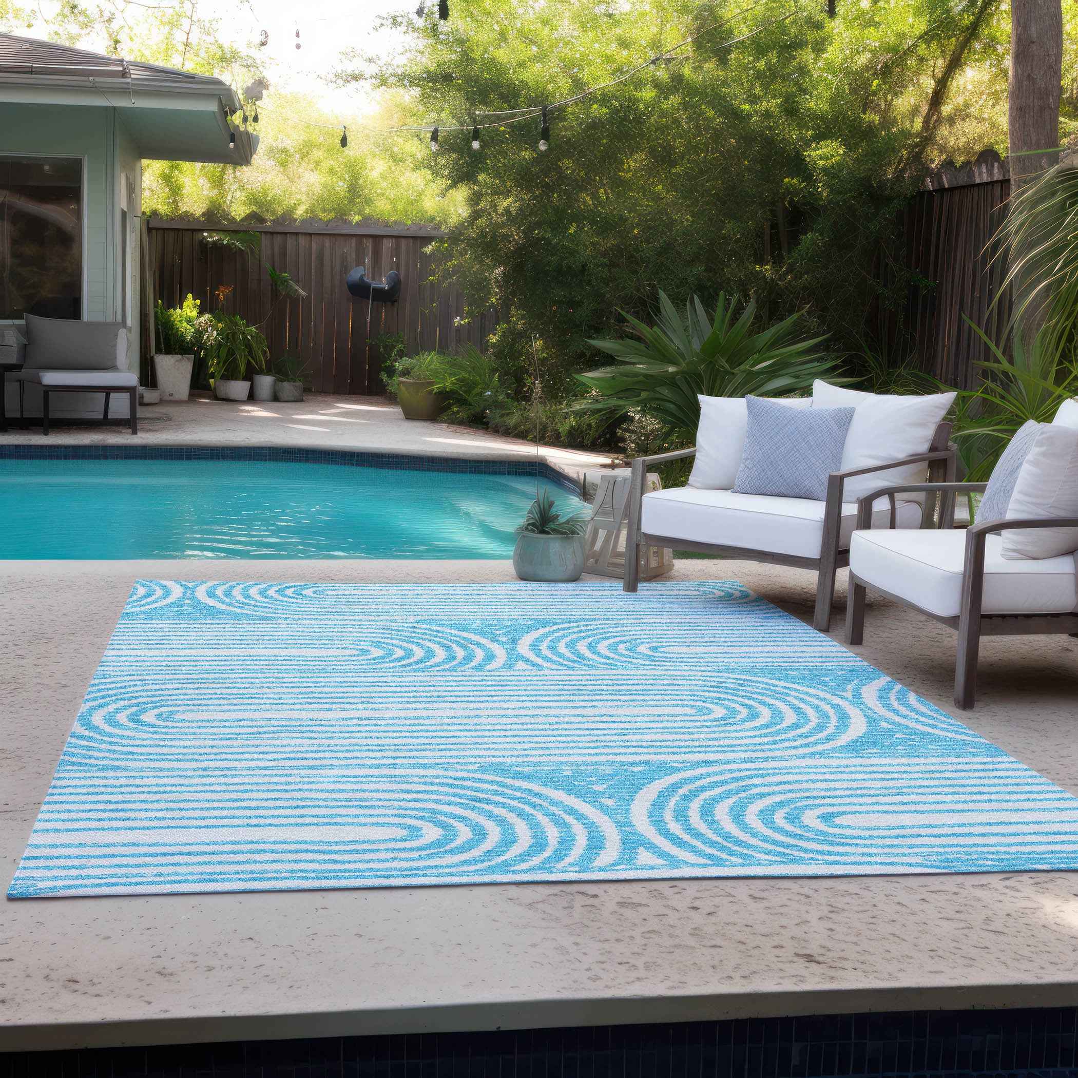 10' X 14' Teal and White Abstract Washable Non Skid Indoor Outdoor Area Rug