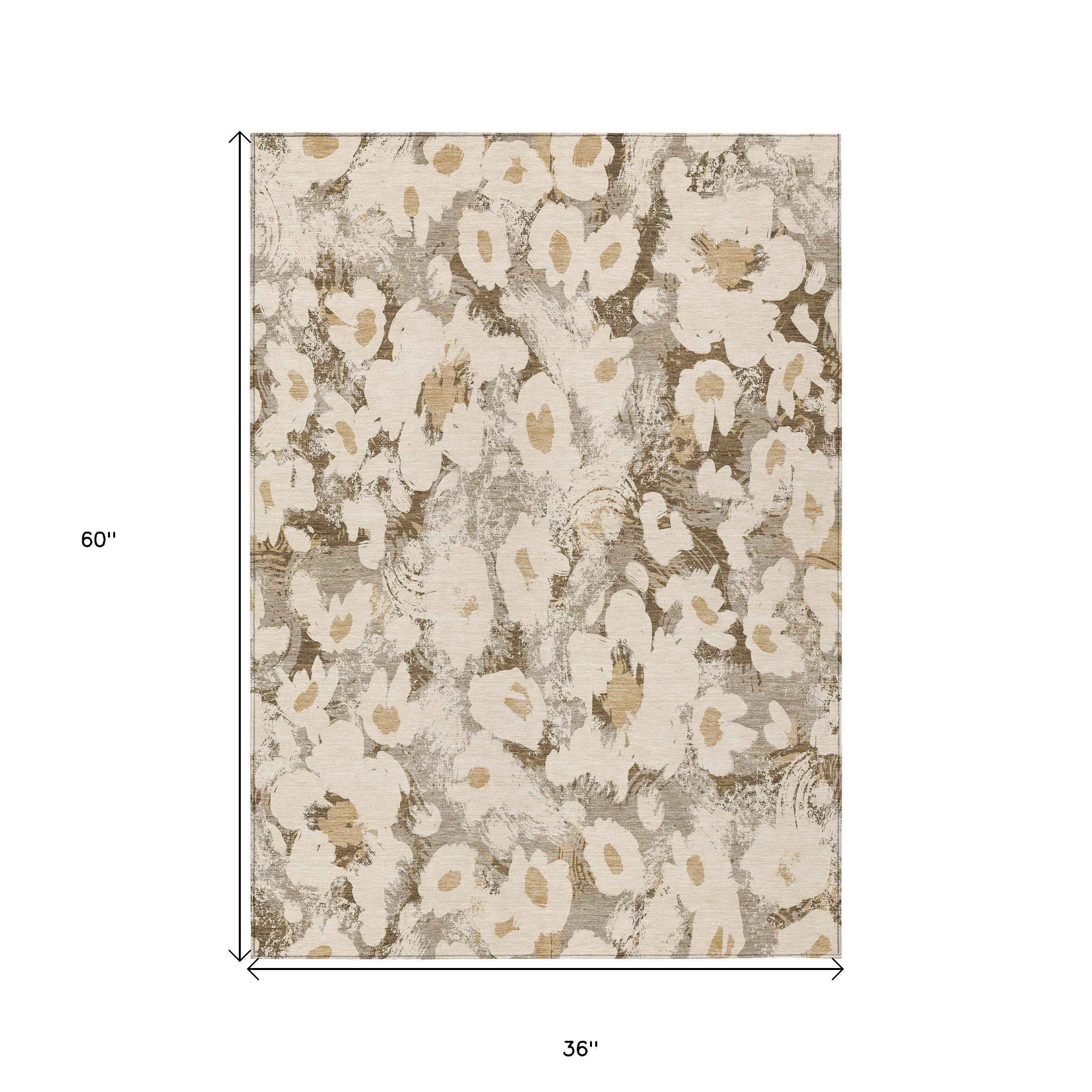 3' X 5' Khaki Floral Washable Non Skid Indoor Outdoor Area Rug