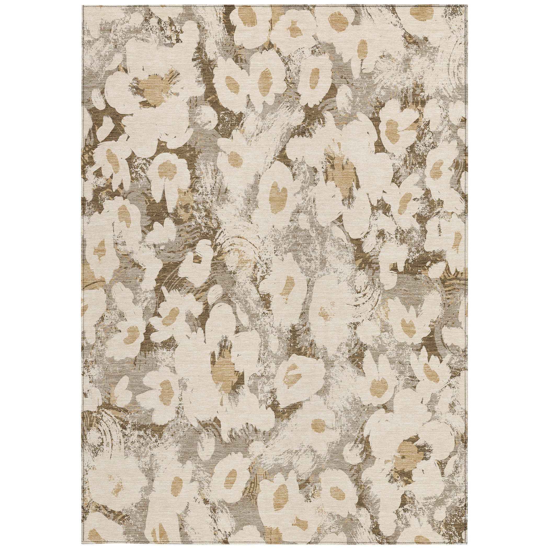 3' X 5' Khaki Floral Washable Non Skid Indoor Outdoor Area Rug