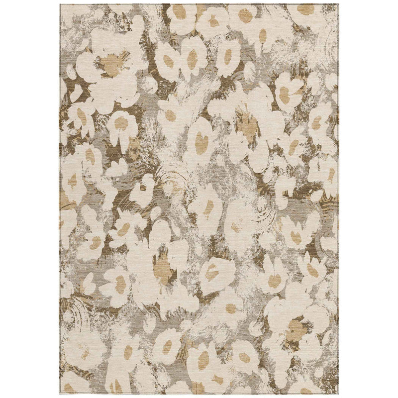 3' X 5' Khaki Floral Washable Non Skid Indoor Outdoor Area Rug