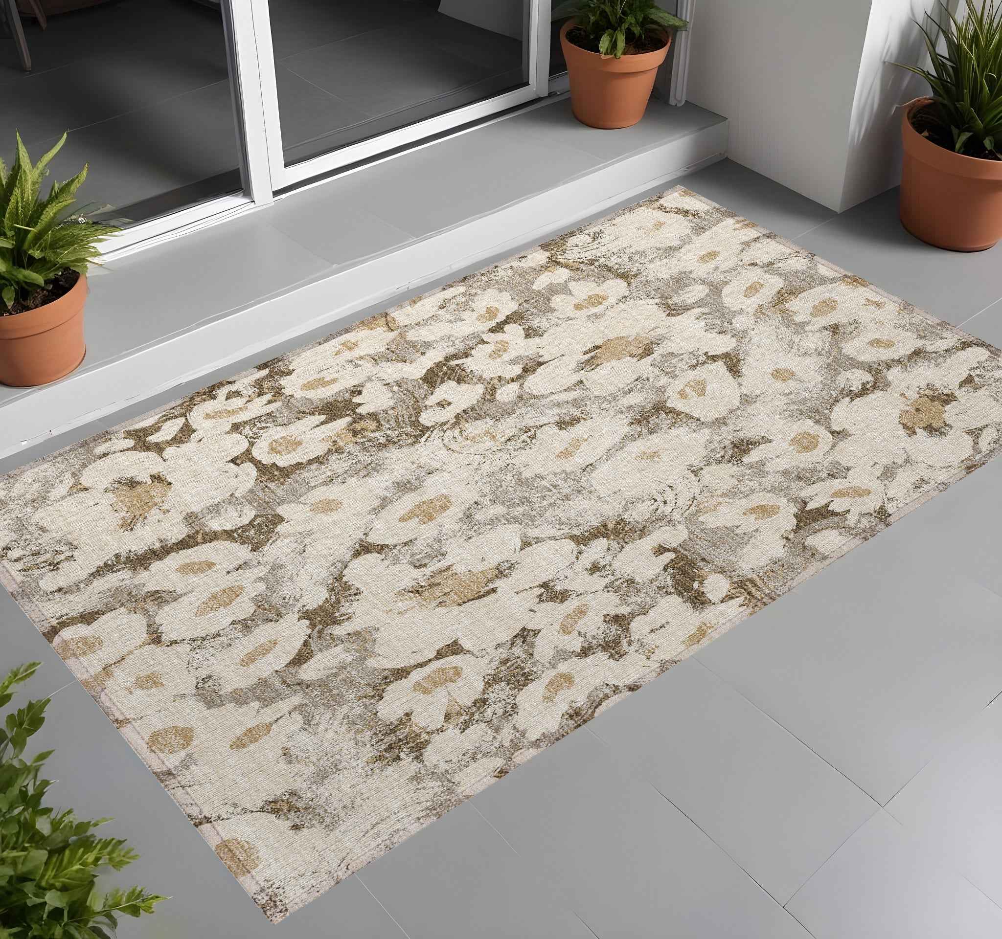 3' X 5' Khaki Floral Washable Non Skid Indoor Outdoor Area Rug