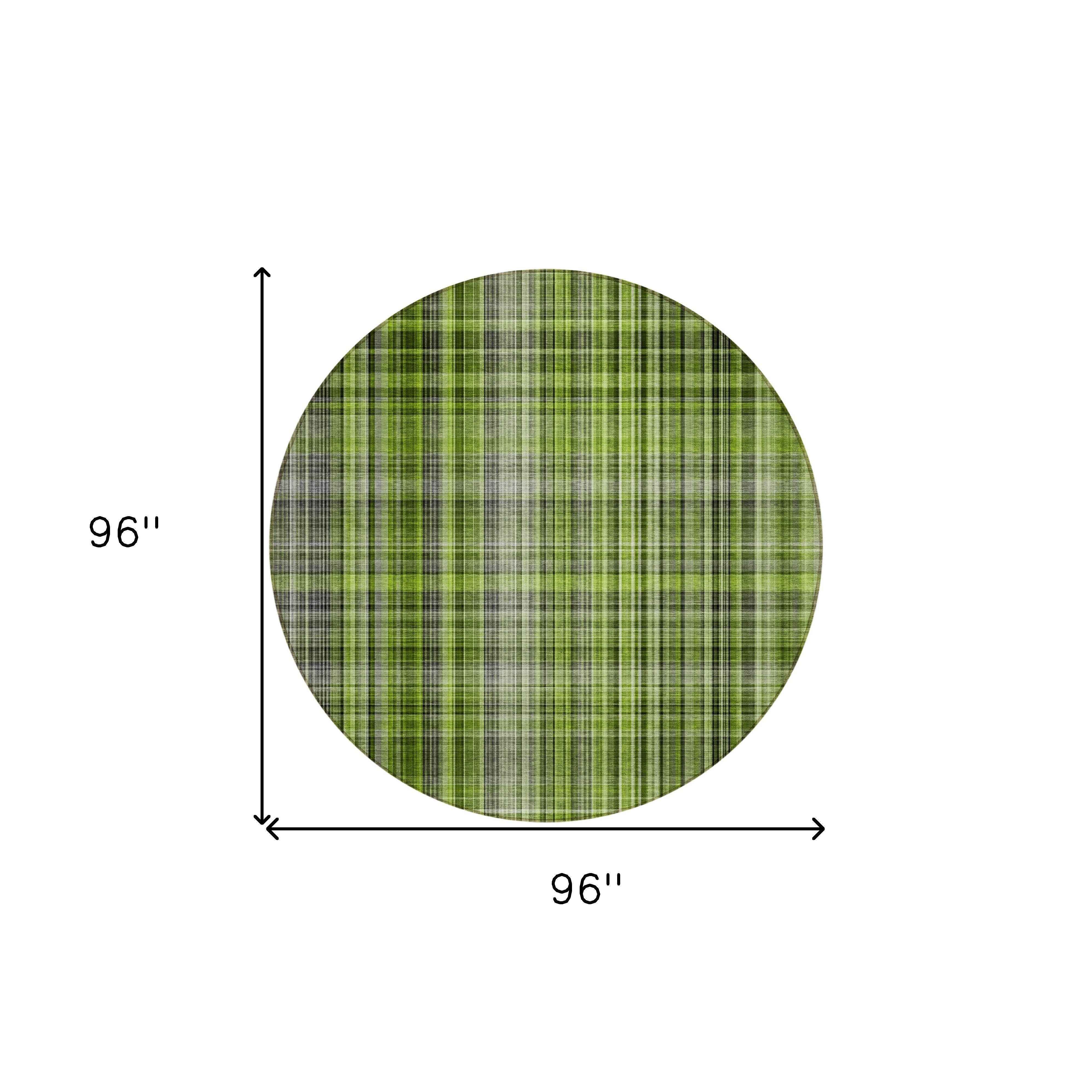 8' X 8' Green Black and Gray Round Plaid Washable Non Skid Indoor Outdoor Area Rug