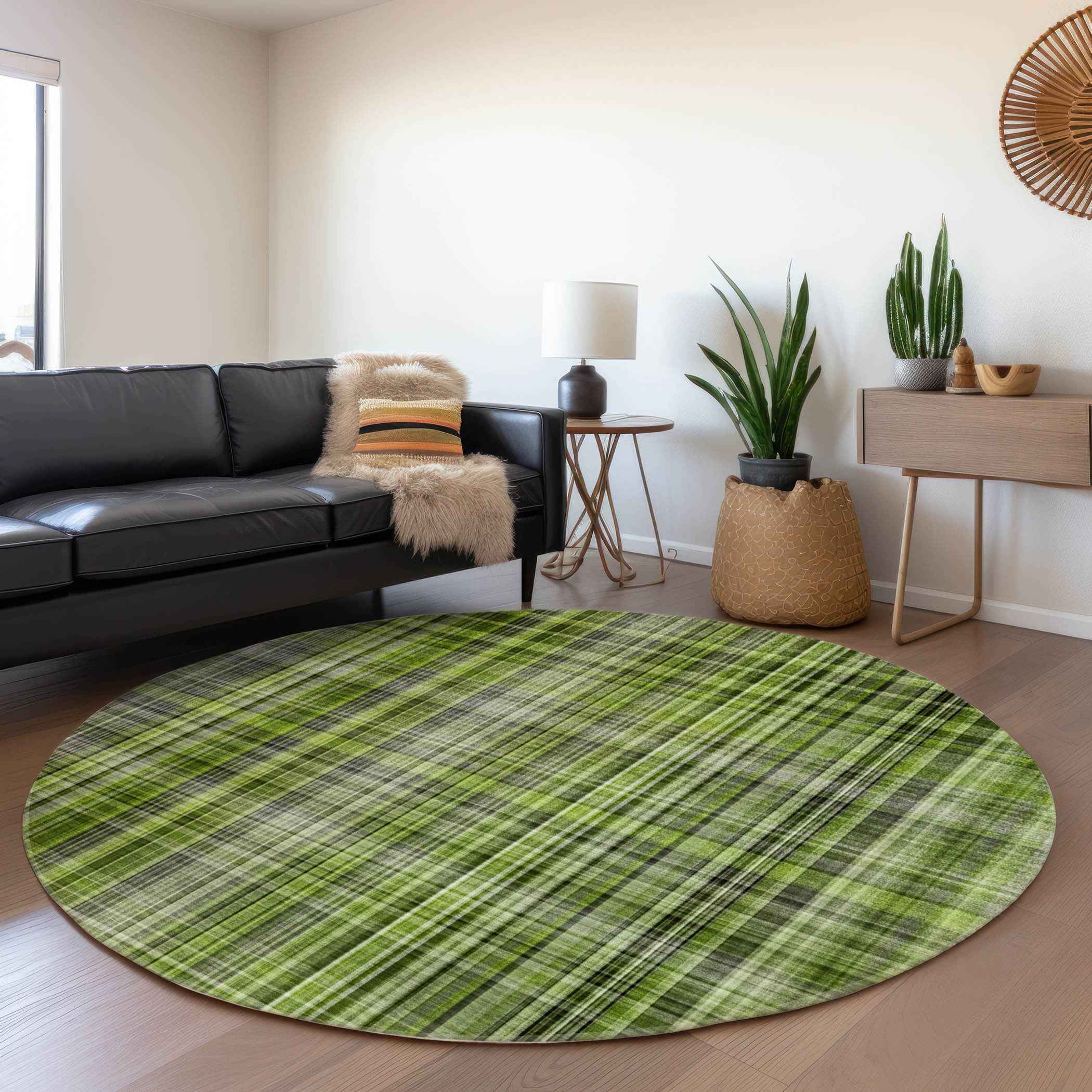 8' X 8' Green Black and Gray Round Plaid Washable Non Skid Indoor Outdoor Area Rug