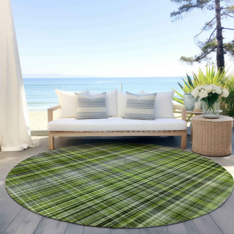 8' X 8' Green Black and Gray Round Plaid Washable Non Skid Indoor Outdoor Area Rug