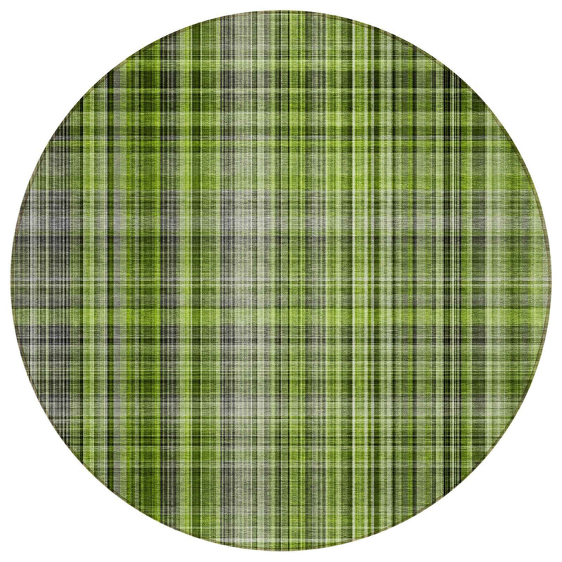 8' X 8' Green Black and Gray Round Plaid Washable Non Skid Indoor Outdoor Area Rug