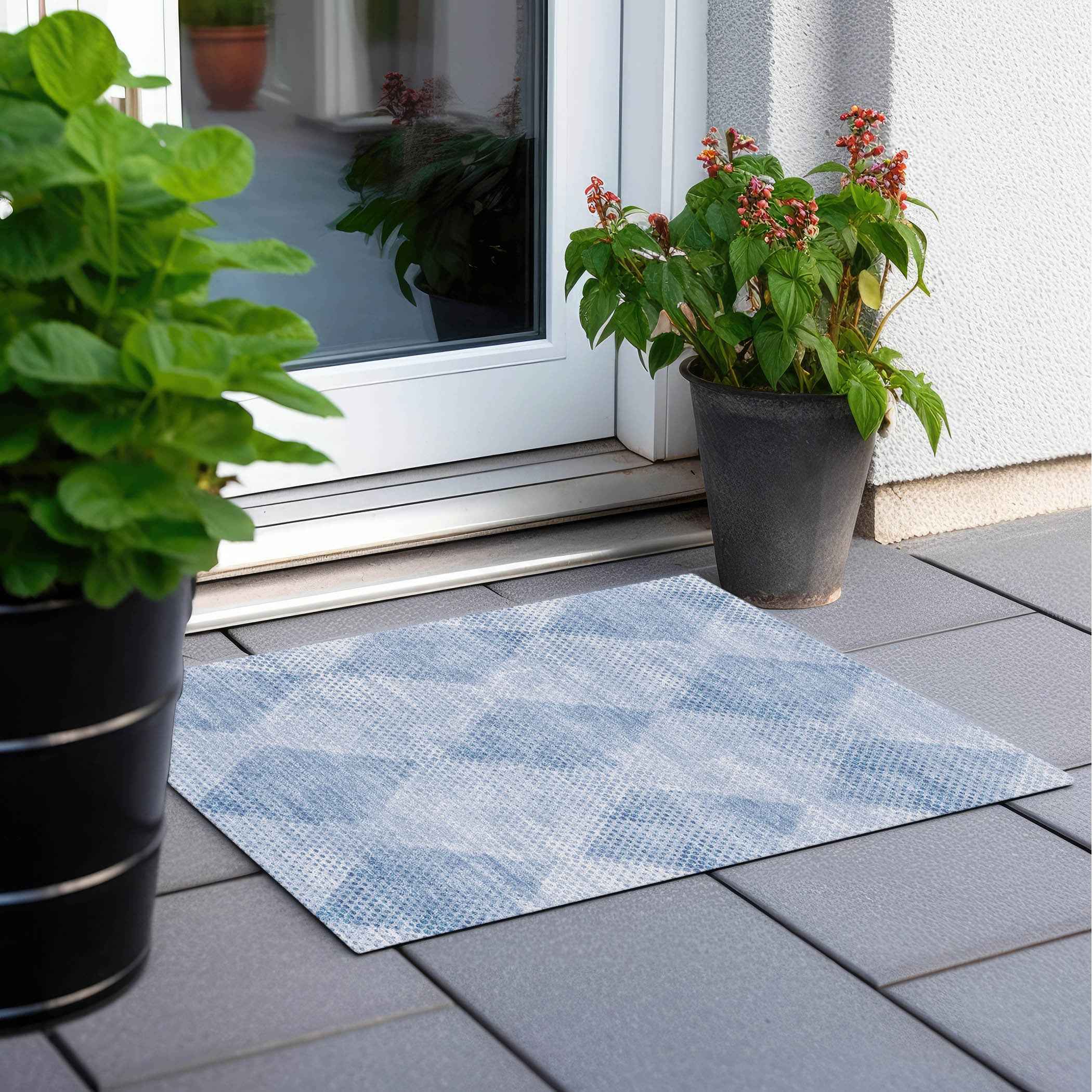 2' X 3' Blue Geometric Washable Non Skid Indoor Outdoor Area Rug