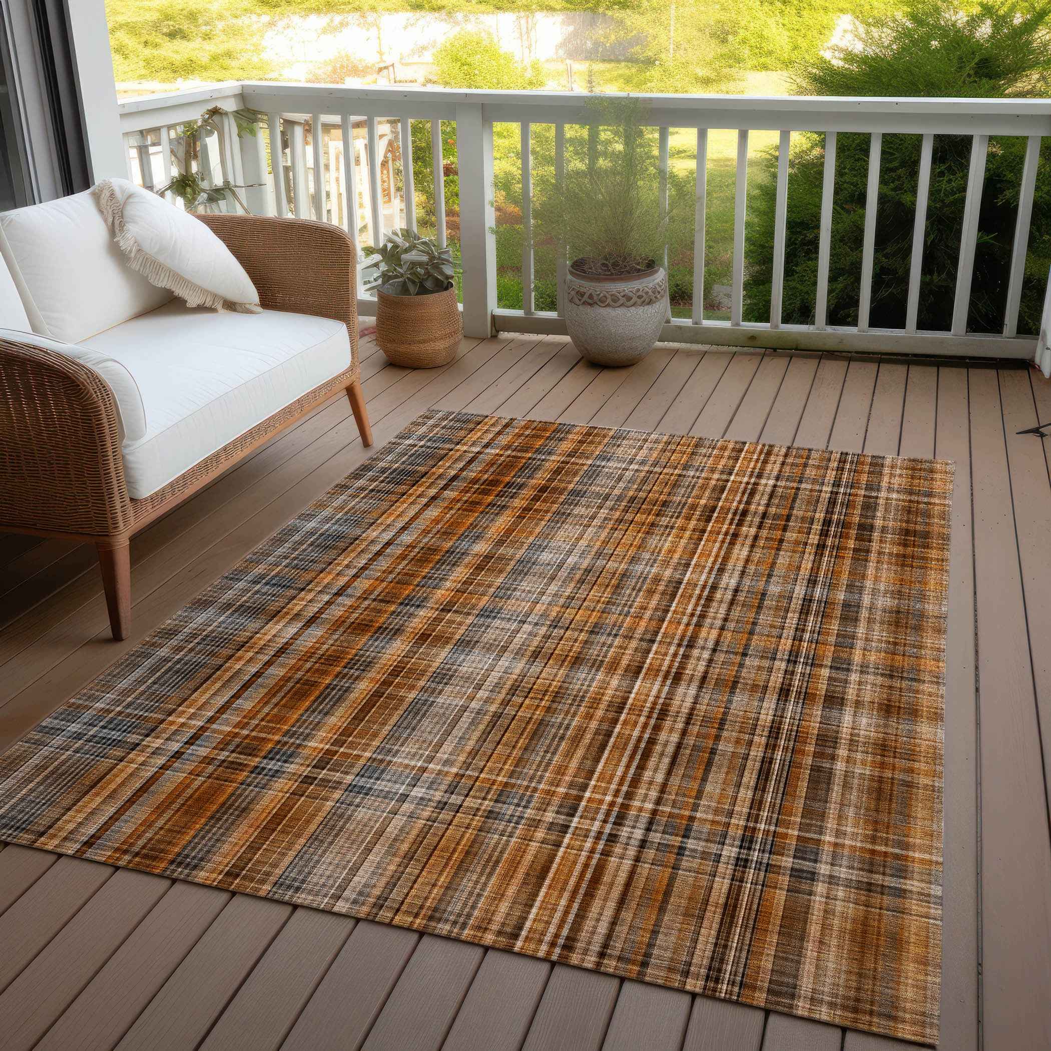 10' X 14' Terra Cotta Plaid Washable Non Skid Indoor Outdoor Area Rug