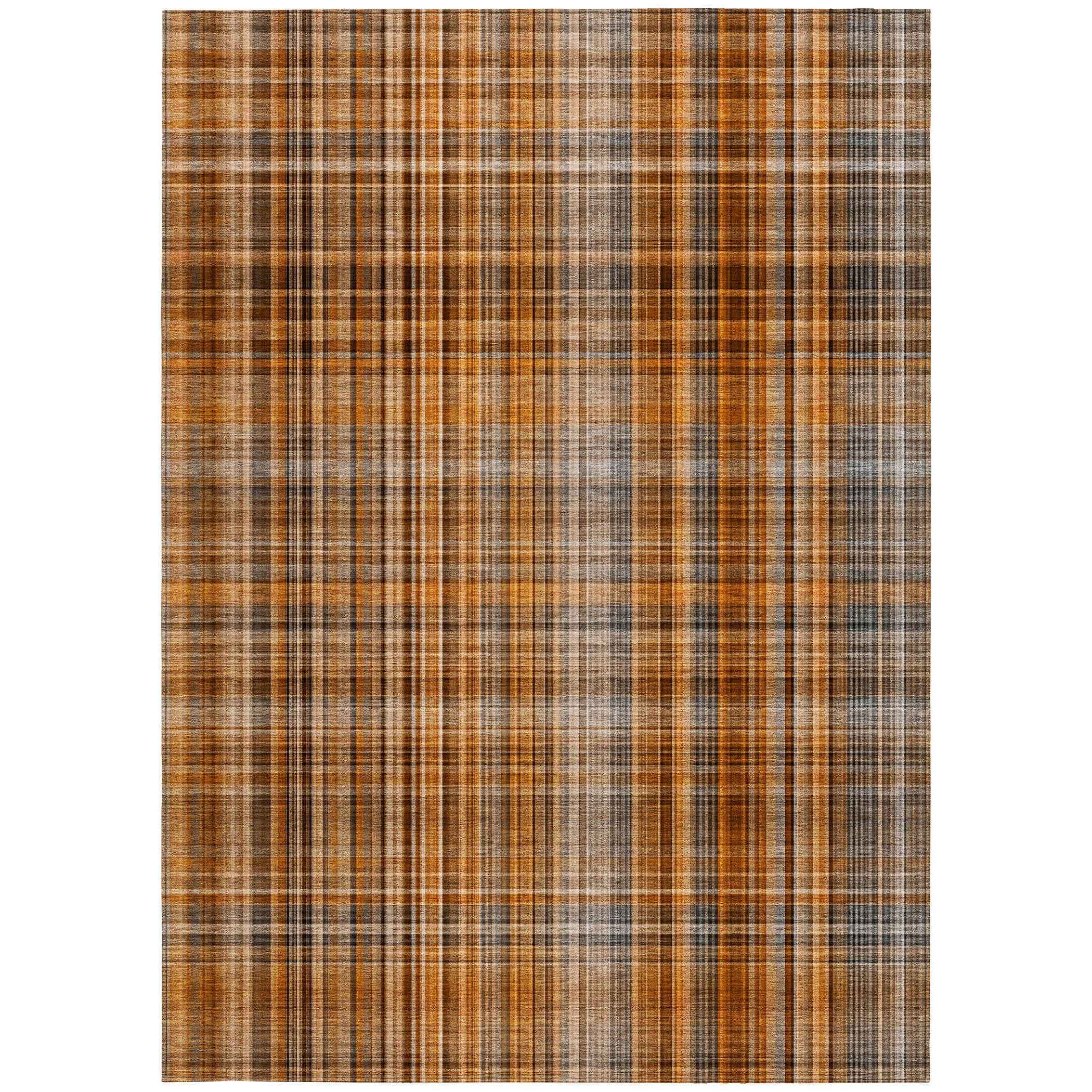 10' X 14' Terra Cotta Plaid Washable Non Skid Indoor Outdoor Area Rug