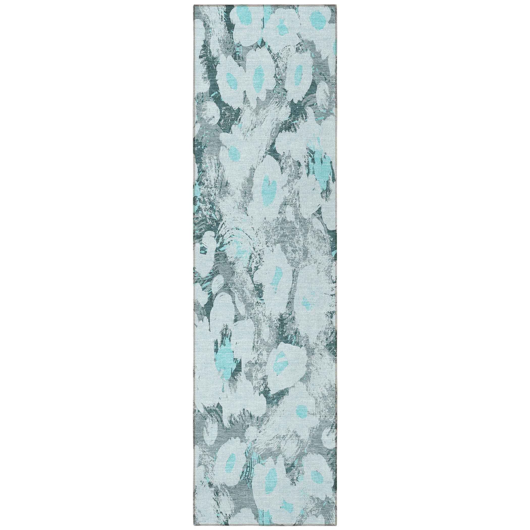 8' Runner Teal Floral Washable Non Skid Indoor Outdoor Runner Rug