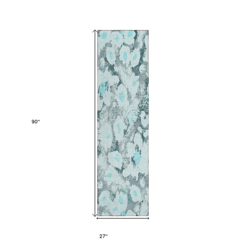 8' Runner Teal Floral Washable Non Skid Indoor Outdoor Runner Rug