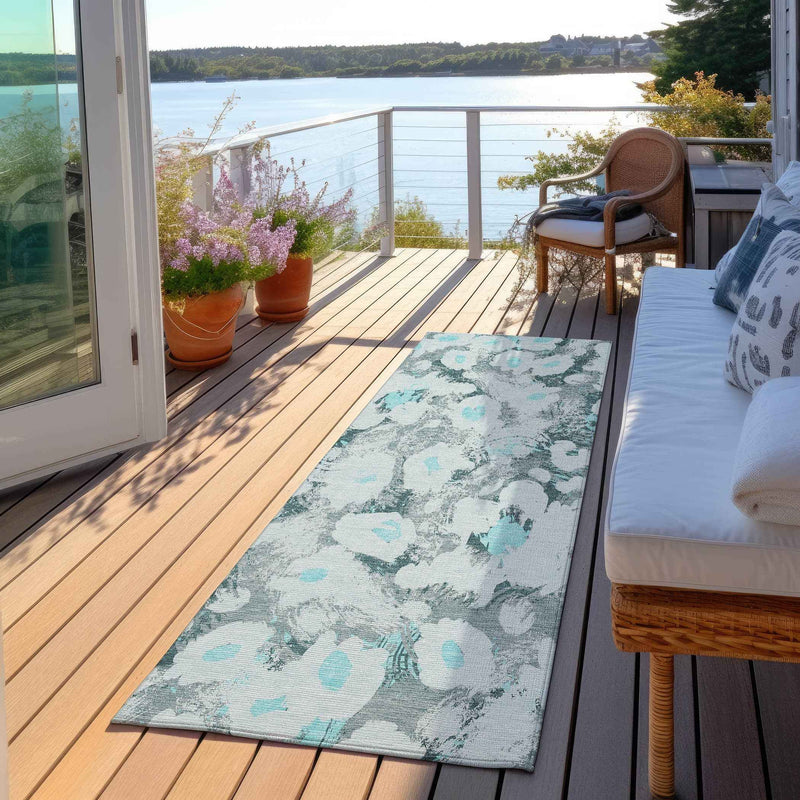 8' Runner Teal Floral Washable Non Skid Indoor Outdoor Runner Rug