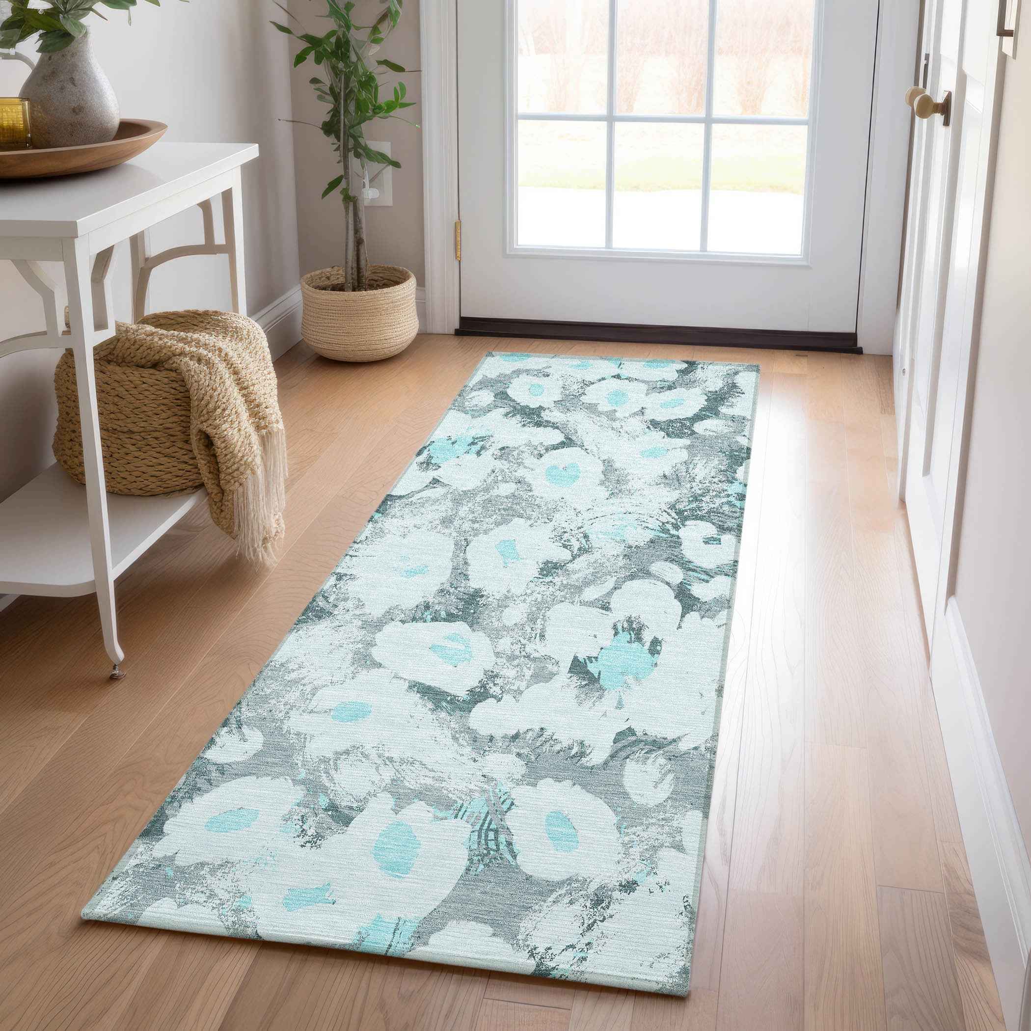 8' Runner Teal Floral Washable Non Skid Indoor Outdoor Runner Rug