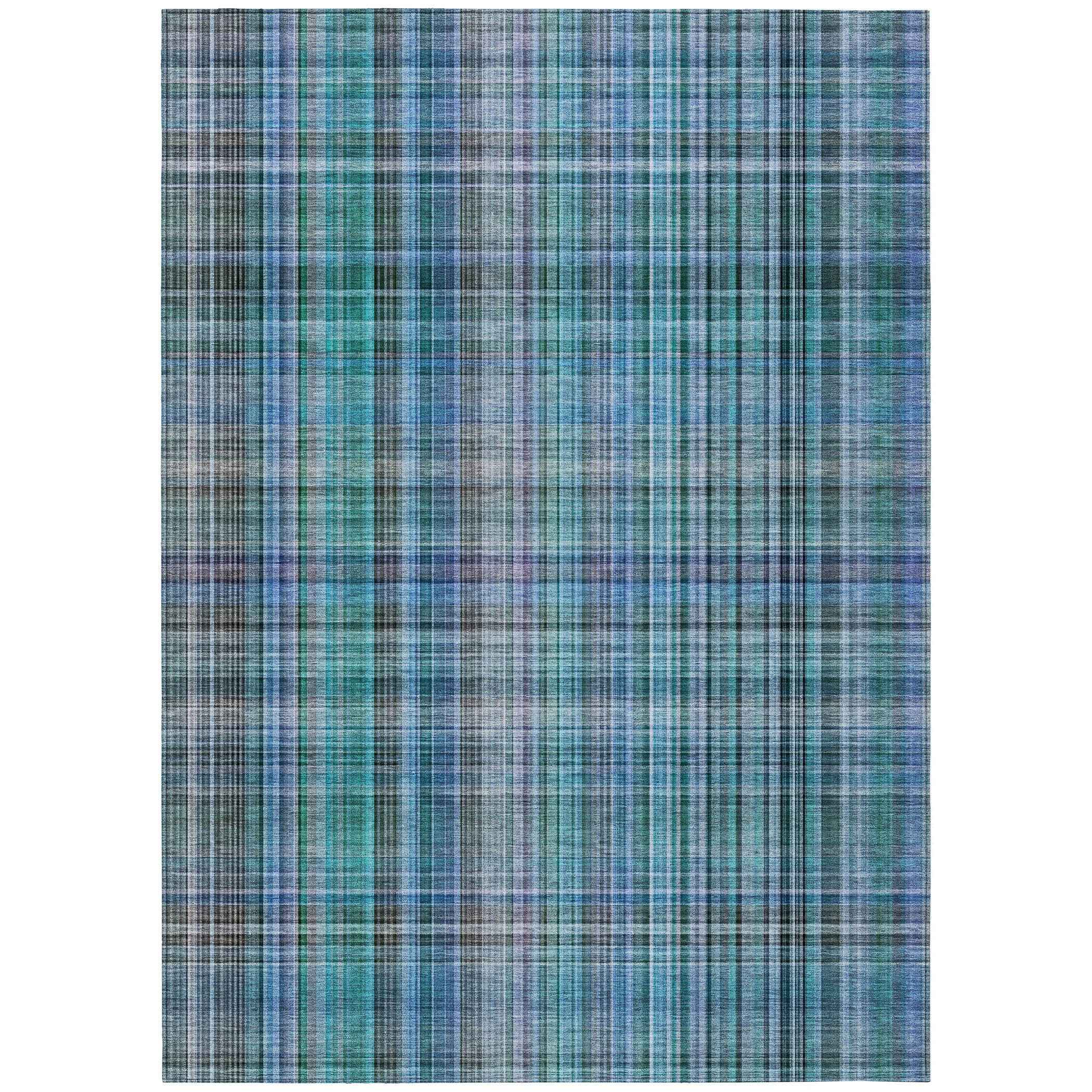 9' X 12' Blue Teal and Gray Plaid Washable Non Skid Indoor Outdoor Area Rug