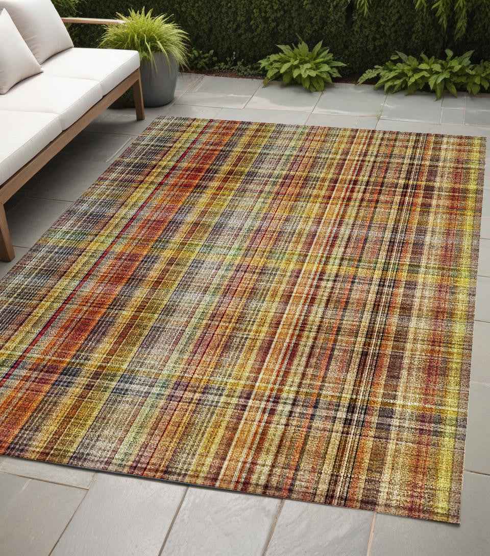5' X 8' Orange Plaid Washable Non Skid Indoor Outdoor Area Rug