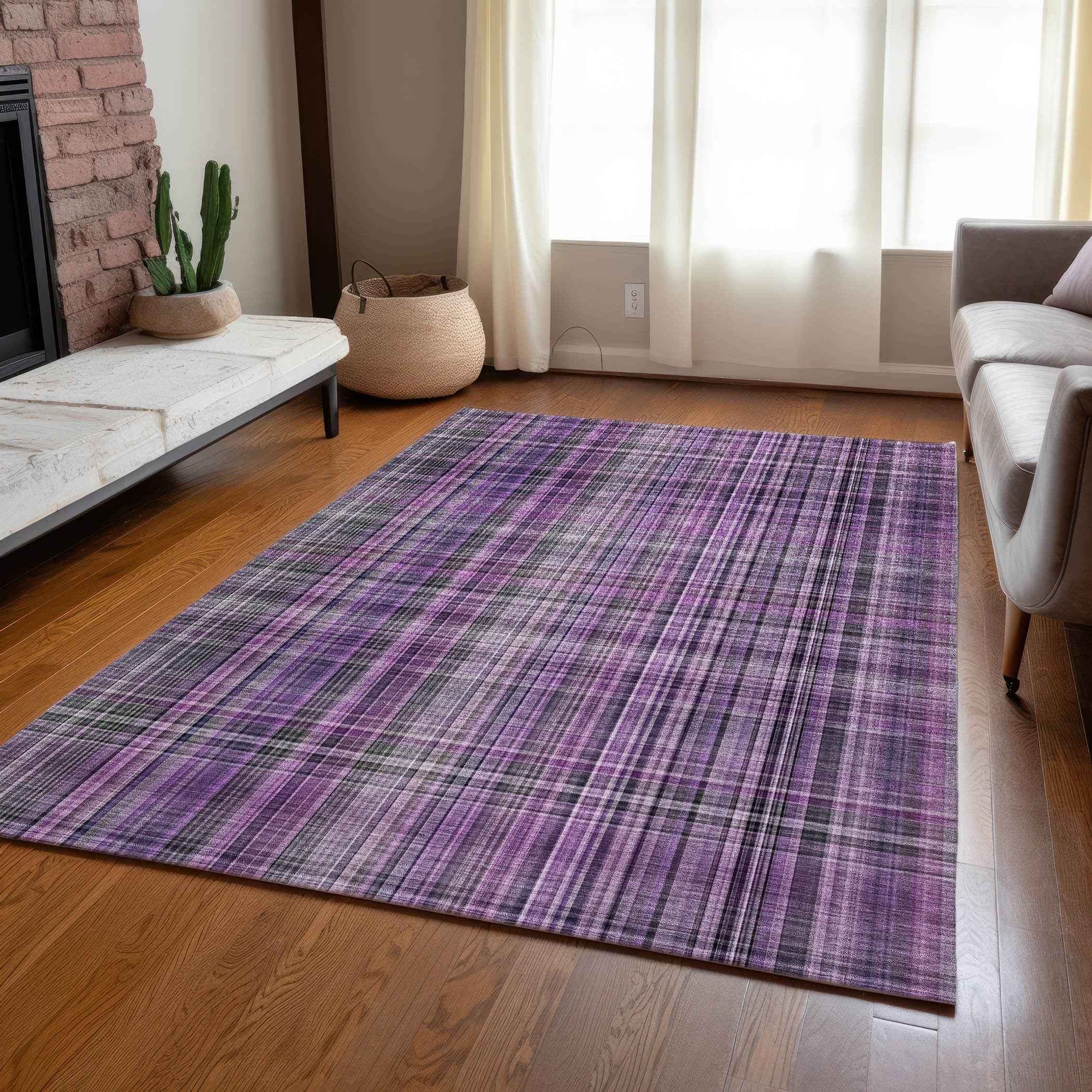 10' X 14' Purple and Gray Plaid Washable Non Skid Indoor Outdoor Area Rug