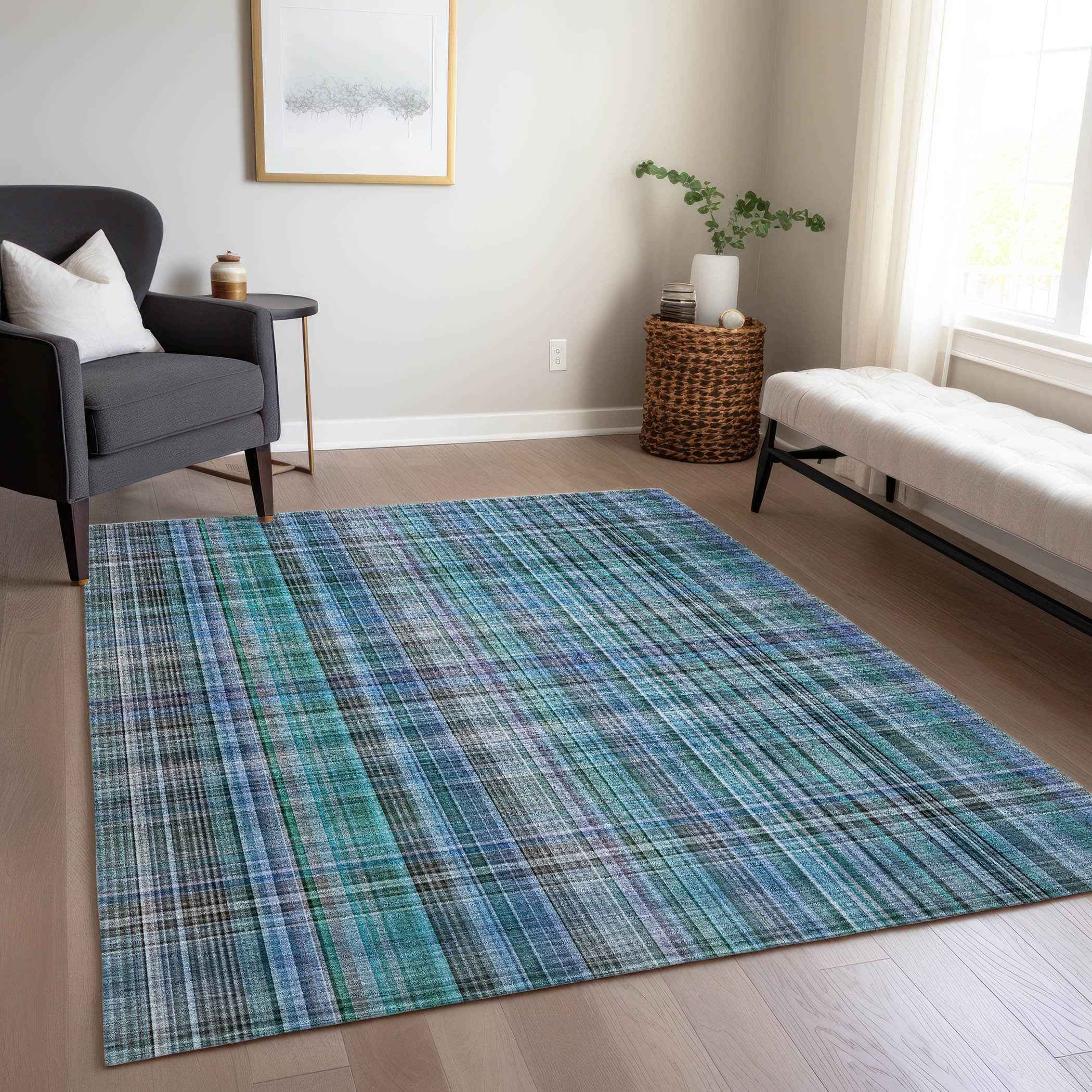 9' X 12' Blue Teal and Gray Plaid Washable Non Skid Indoor Outdoor Area Rug