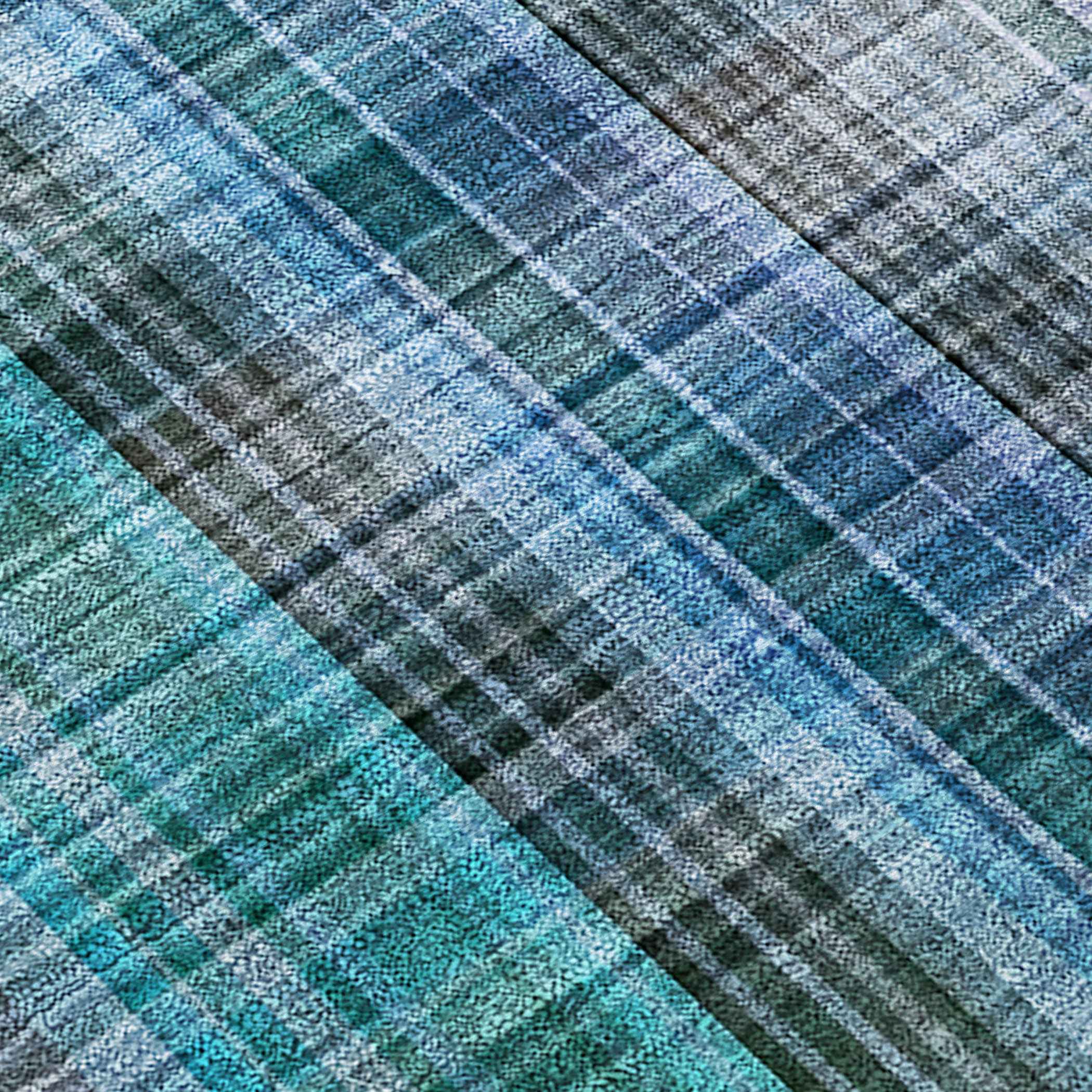 2' X 8' Blue Teal and Gray Plaid Washable Non Skid Indoor Outdoor Area Rug