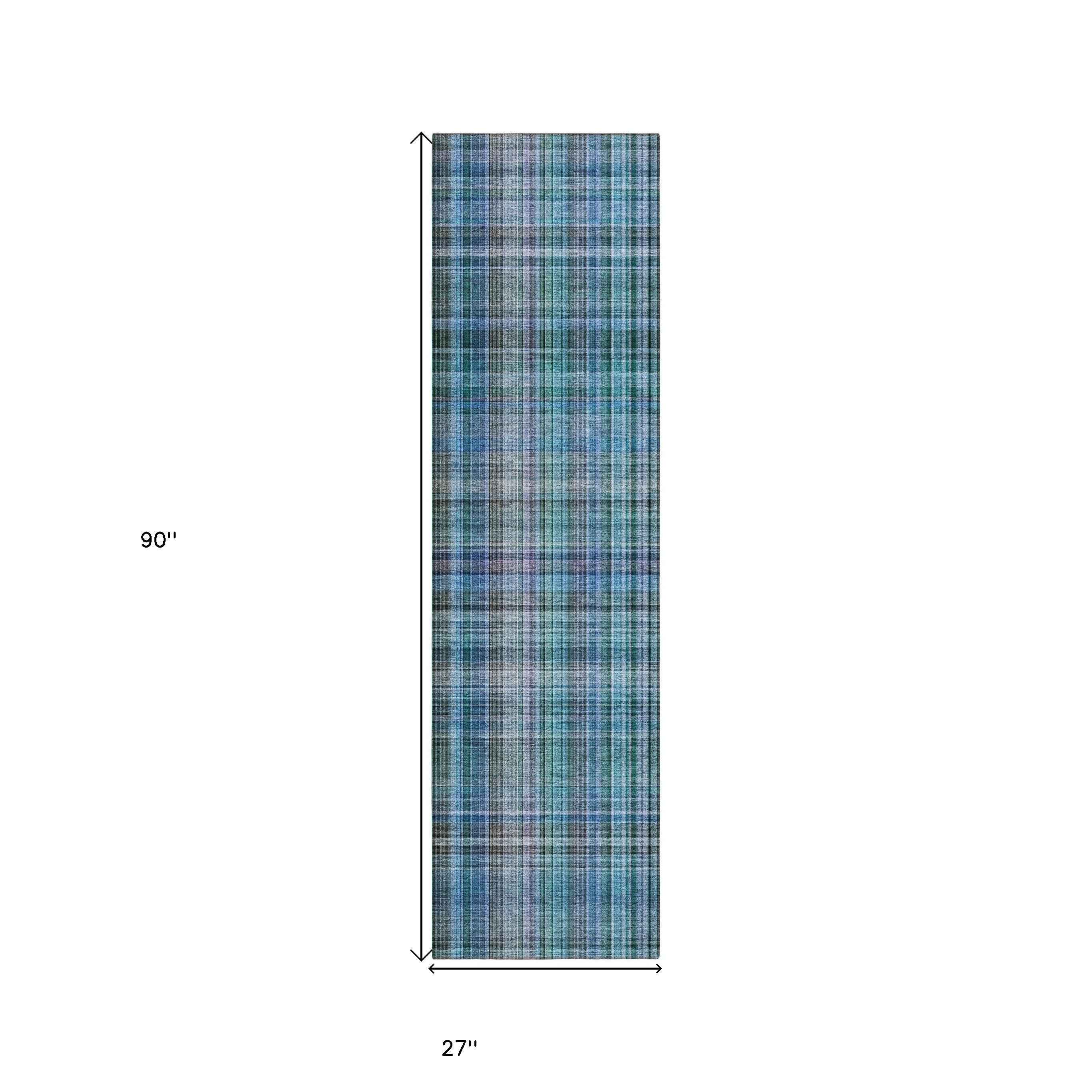 2' X 8' Blue Teal and Gray Plaid Washable Non Skid Indoor Outdoor Area Rug