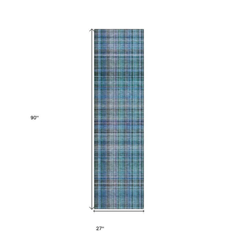 2' X 8' Blue Teal and Gray Plaid Washable Non Skid Indoor Outdoor Area Rug