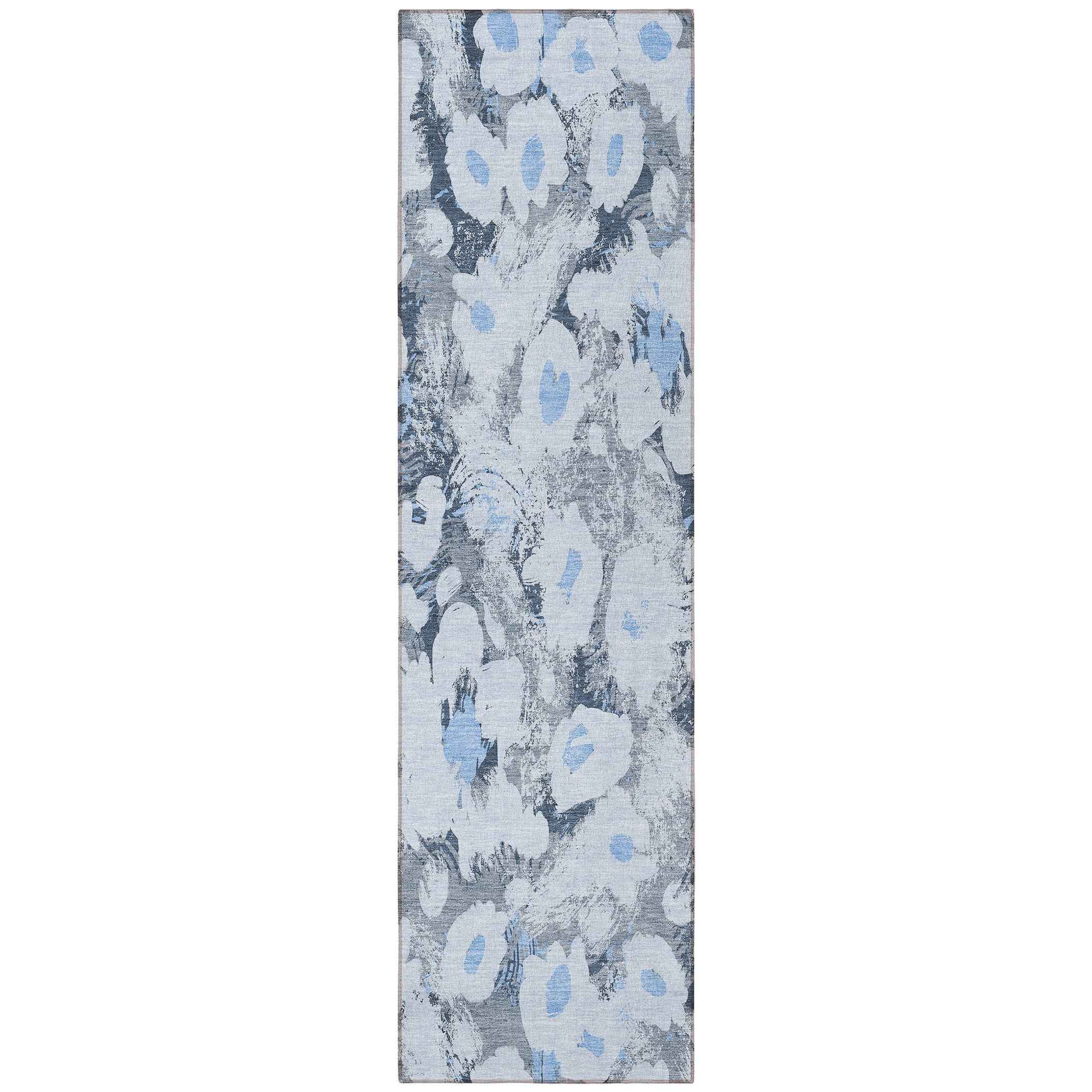 8' Runner Denim Blue Floral Washable Non Skid Indoor Outdoor Runner Rug