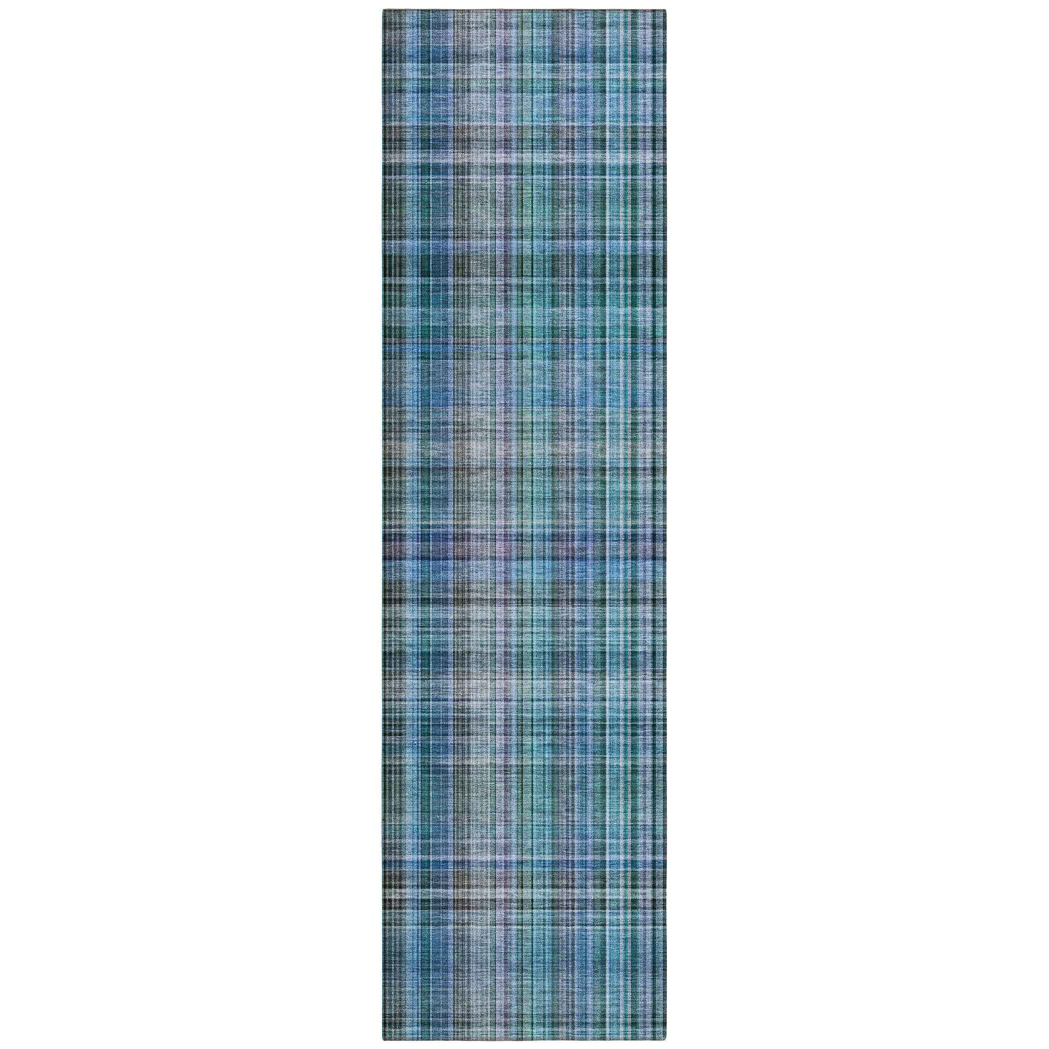 2' X 8' Blue Teal and Gray Plaid Washable Non Skid Indoor Outdoor Area Rug