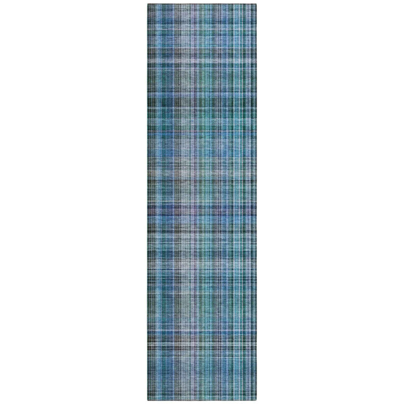 2' X 8' Blue Teal and Gray Plaid Washable Non Skid Indoor Outdoor Area Rug