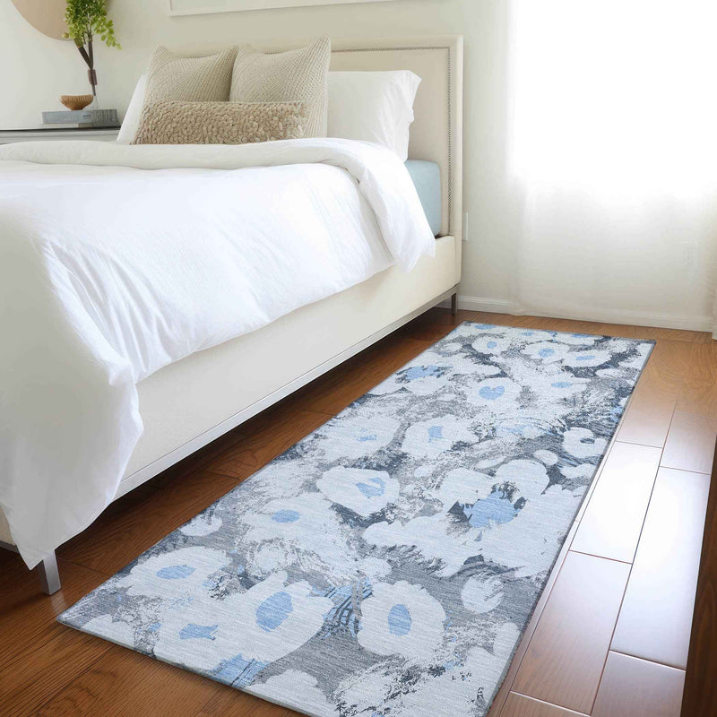 8' Runner Denim Blue Floral Washable Non Skid Indoor Outdoor Runner Rug