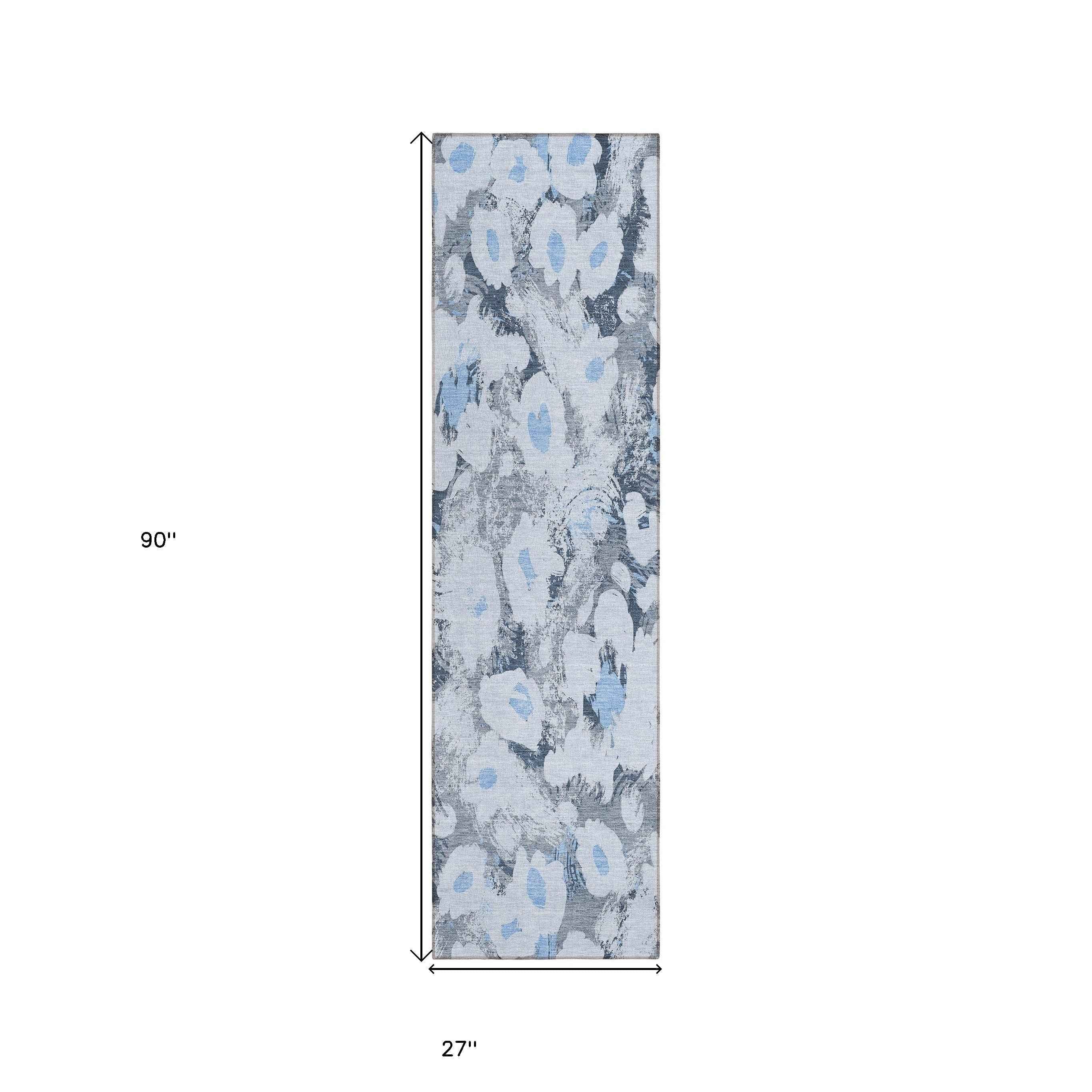 8' Runner Denim Blue Floral Washable Non Skid Indoor Outdoor Runner Rug