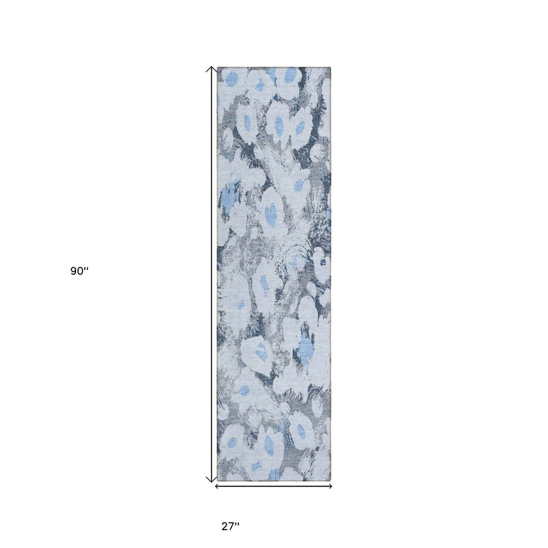 8' Runner Denim Blue Floral Washable Non Skid Indoor Outdoor Runner Rug