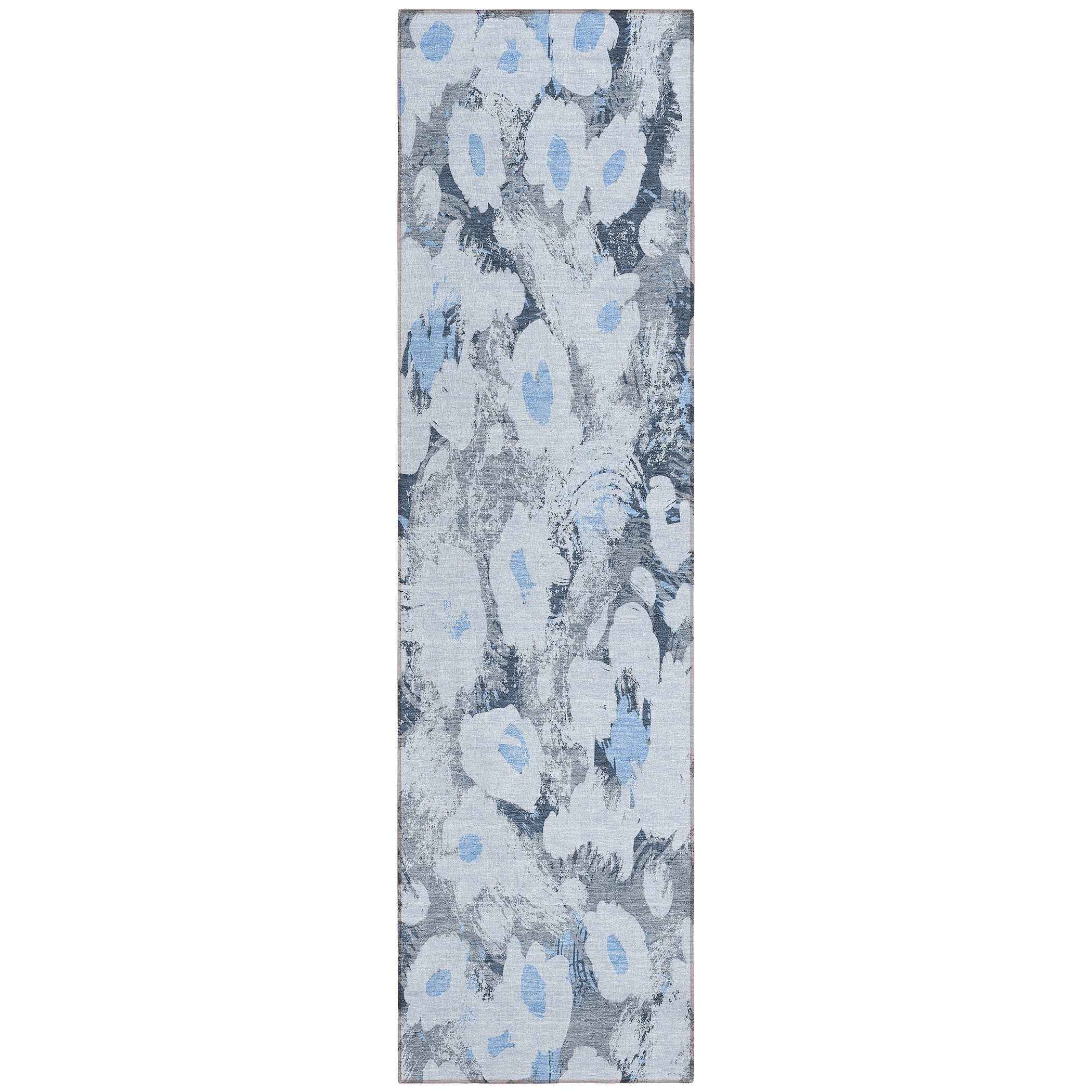 8' Runner Denim Blue Floral Washable Non Skid Indoor Outdoor Runner Rug