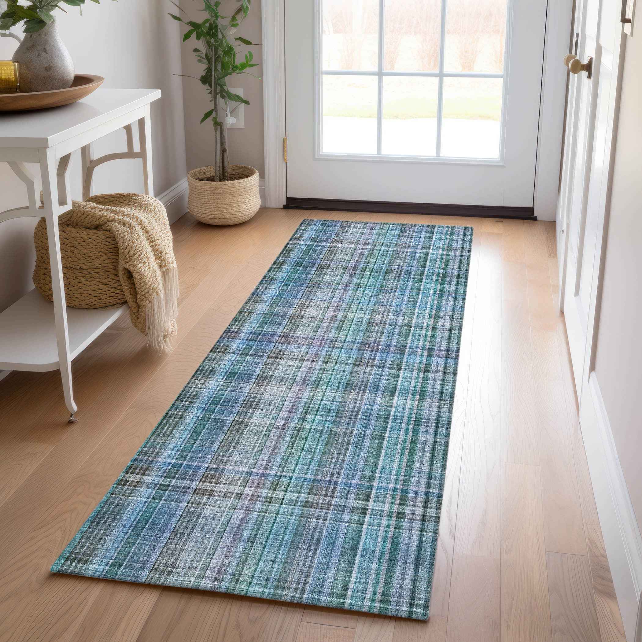 2' X 8' Blue Teal and Gray Plaid Washable Non Skid Indoor Outdoor Area Rug