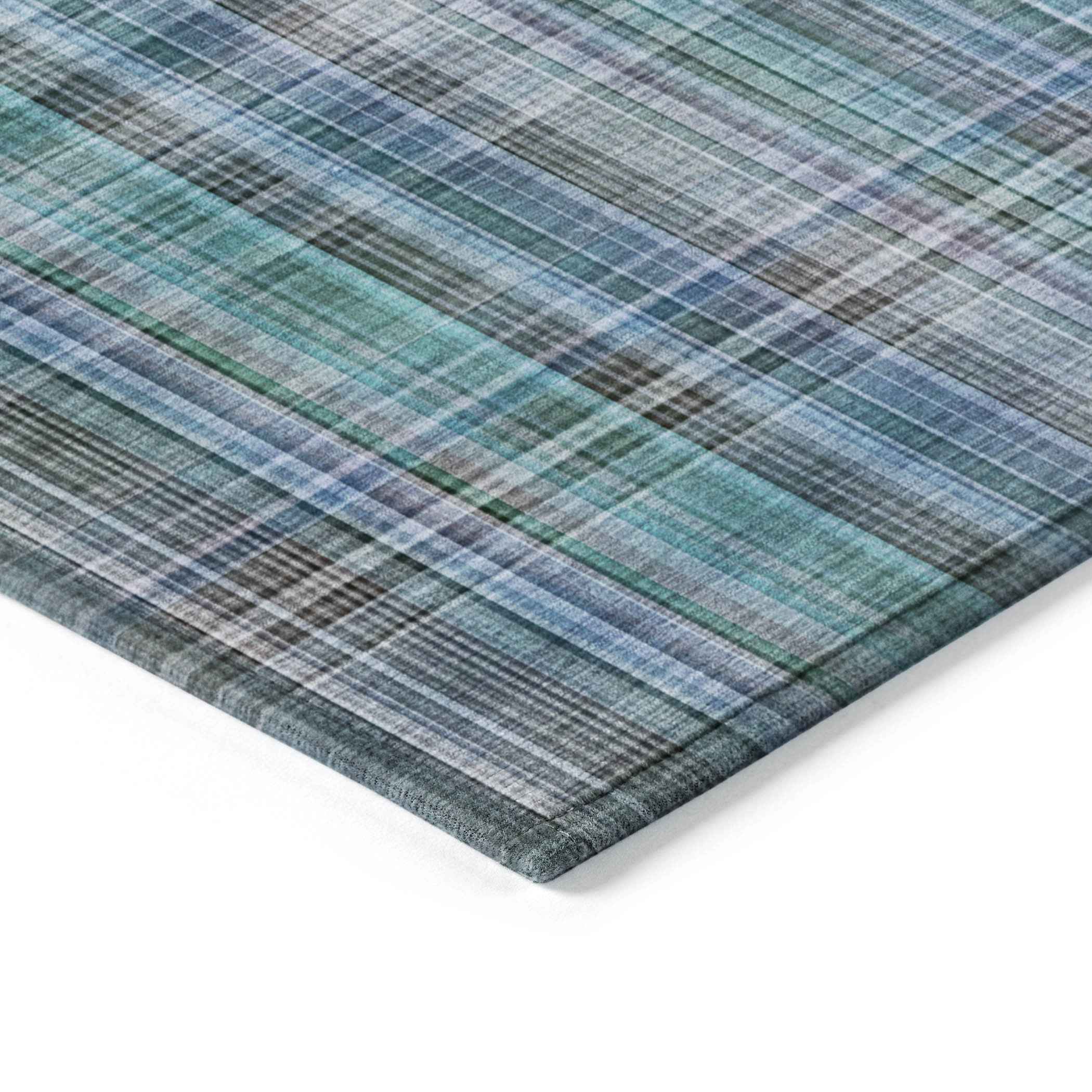 2' X 8' Blue Teal and Gray Plaid Washable Non Skid Indoor Outdoor Area Rug