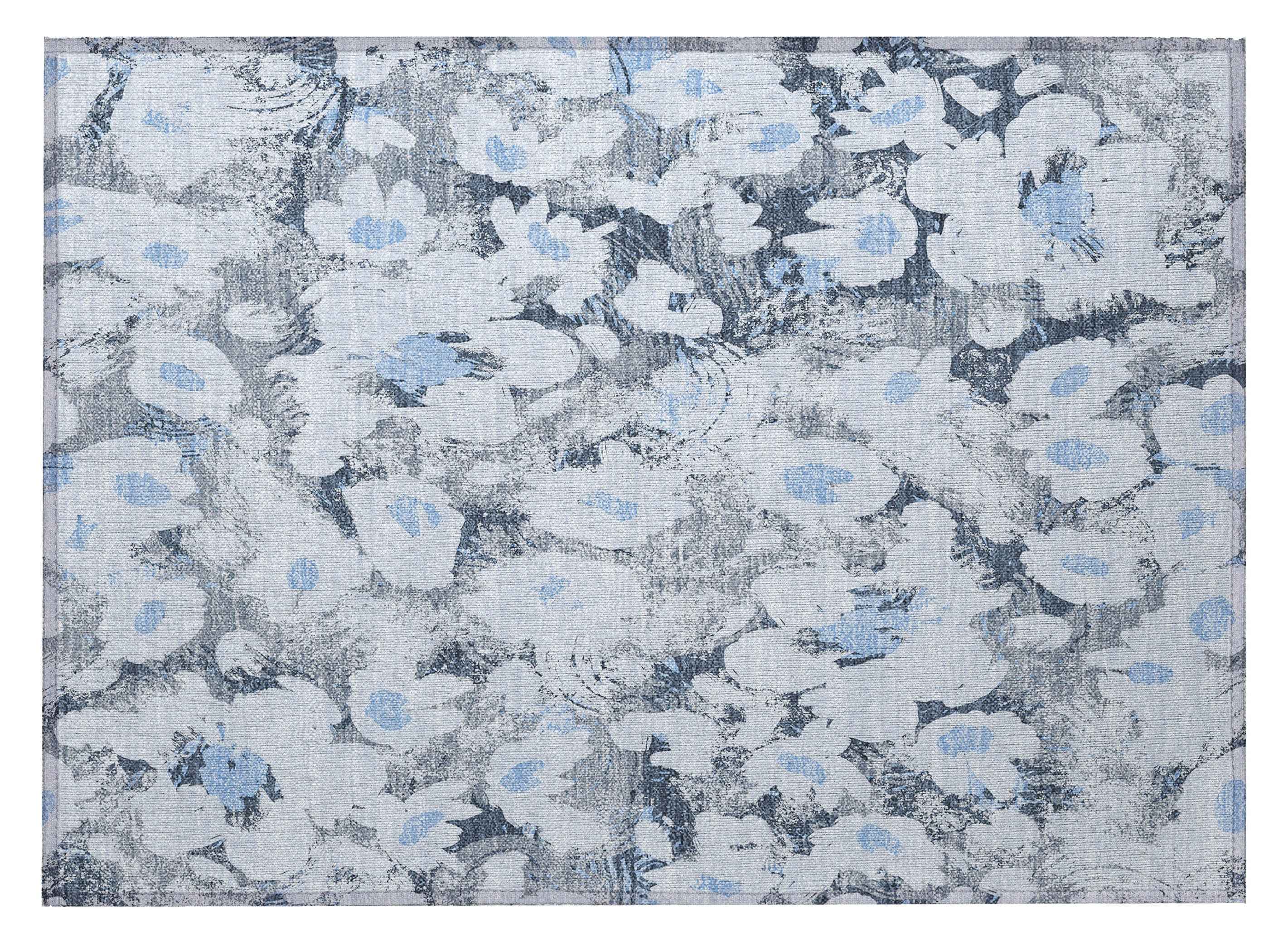 2' X 3' Denim Blue Floral Washable Non Skid Indoor Outdoor Area Rug