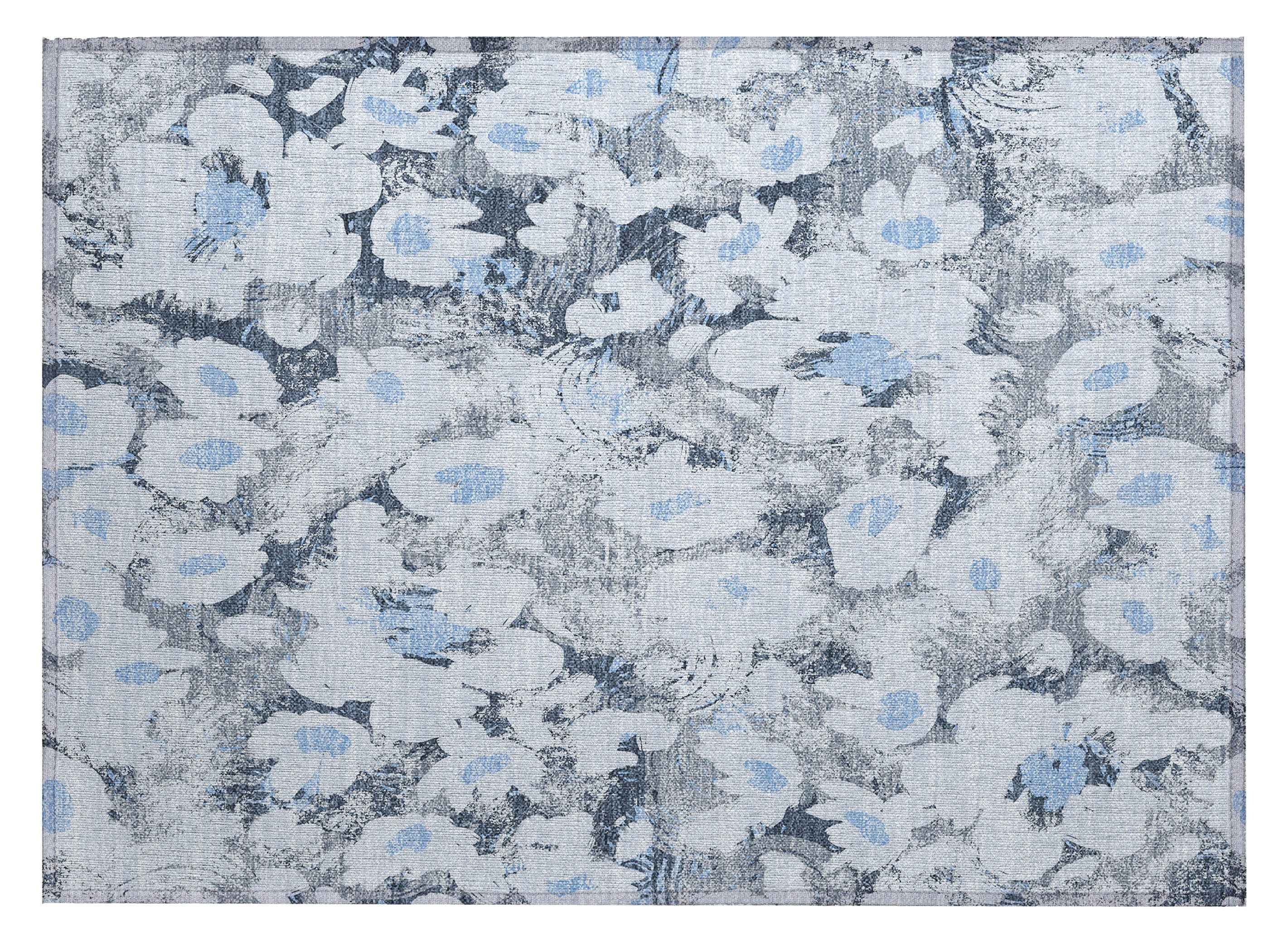 2' X 3' Denim Blue Floral Washable Non Skid Indoor Outdoor Area Rug