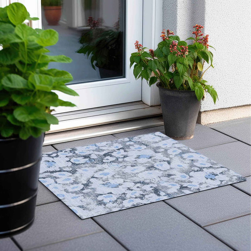 2' X 3' Denim Blue Floral Washable Non Skid Indoor Outdoor Area Rug