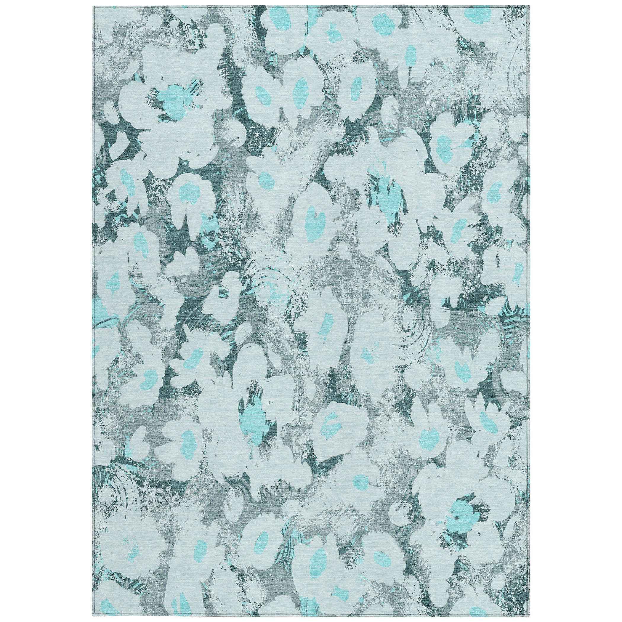 9' X 12' Teal Floral Washable Non Skid Indoor Outdoor Area Rug