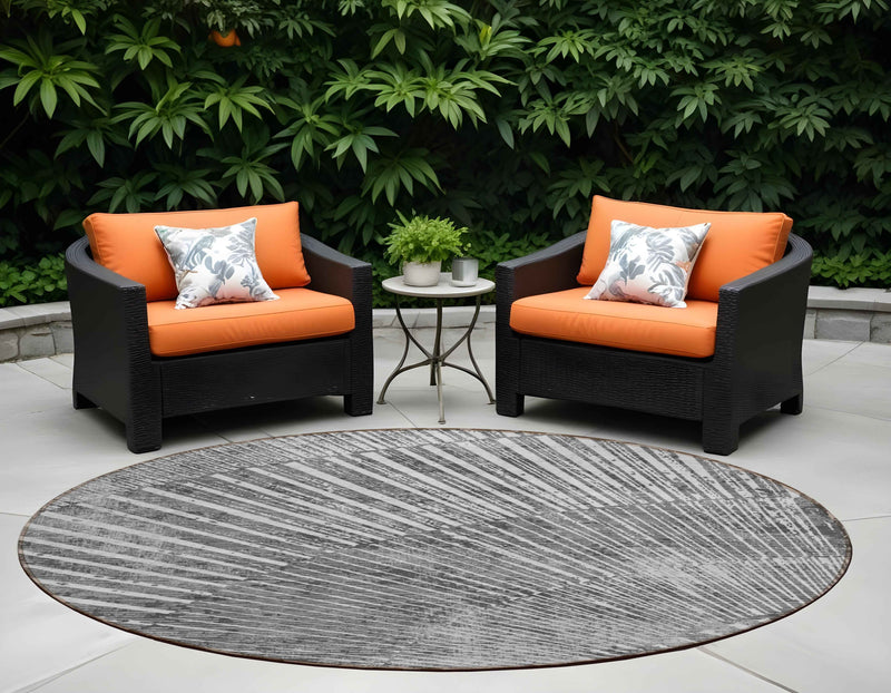 8' Round Gray and Ivory Round Abstract Washable Non Skid Indoor Outdoor Area Rug